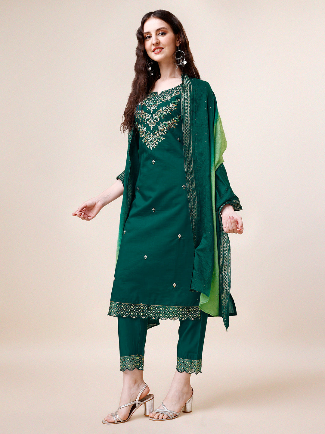 Hand Embroidered Chanderi Kurta With Pant And Dupatta Set Premium, Multicolor - Hiral Fashion
