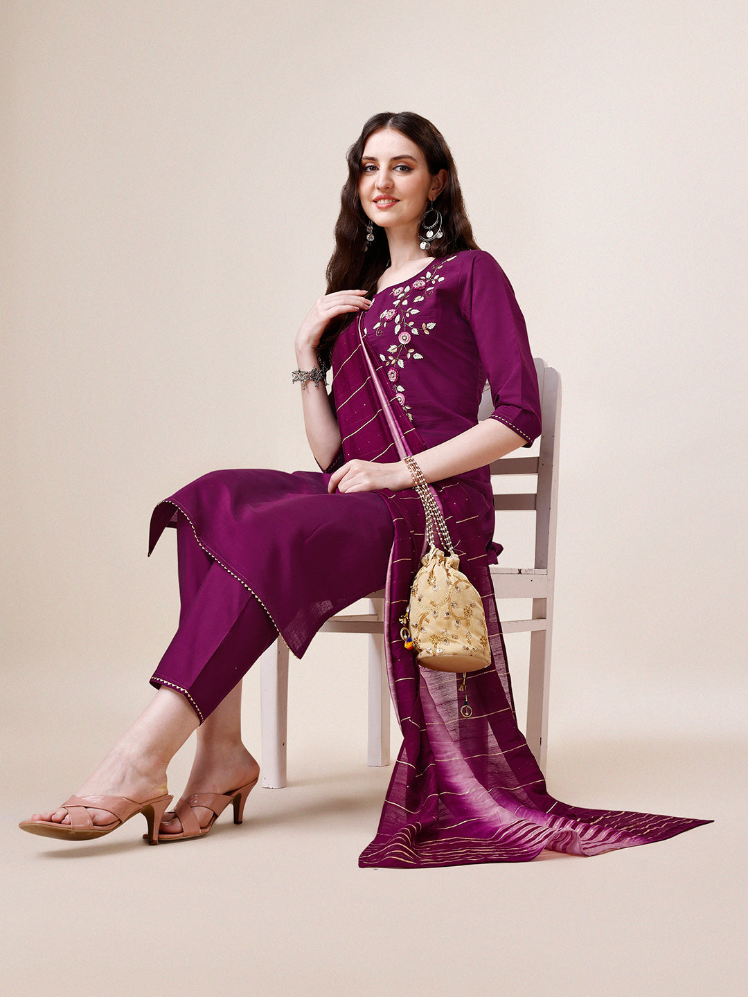 Hand Embroidered Kurta With Pant & Dupatta Set, Multicolor - Hiral Fashion