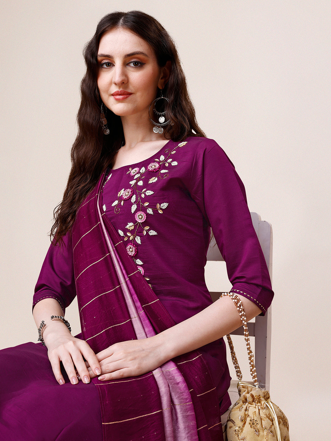 Hand Embroidered Kurta With Pant & Dupatta Set, Multicolor - Hiral Fashion