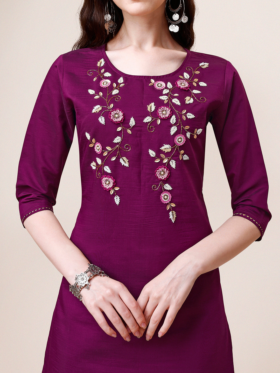 Hand Embroidered Kurta With Pant & Dupatta Set, Multicolor - Hiral Fashion