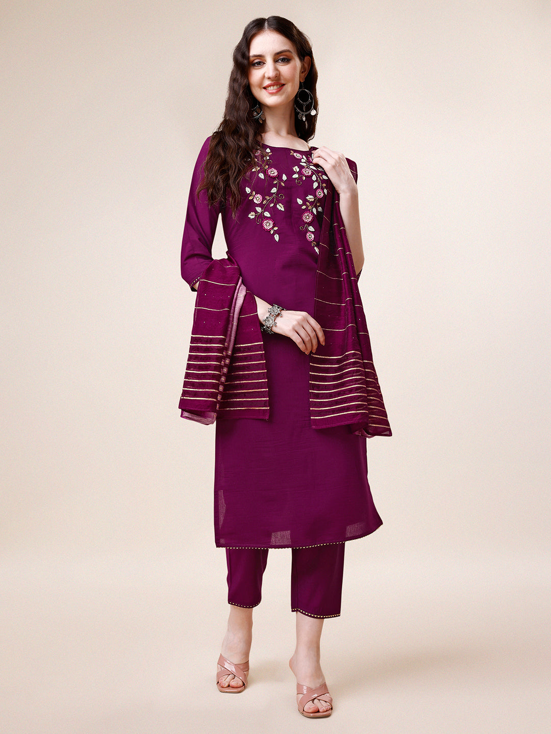 Hand Embroidered Kurta With Pant & Dupatta Set, Multicolor - Hiral Fashion
