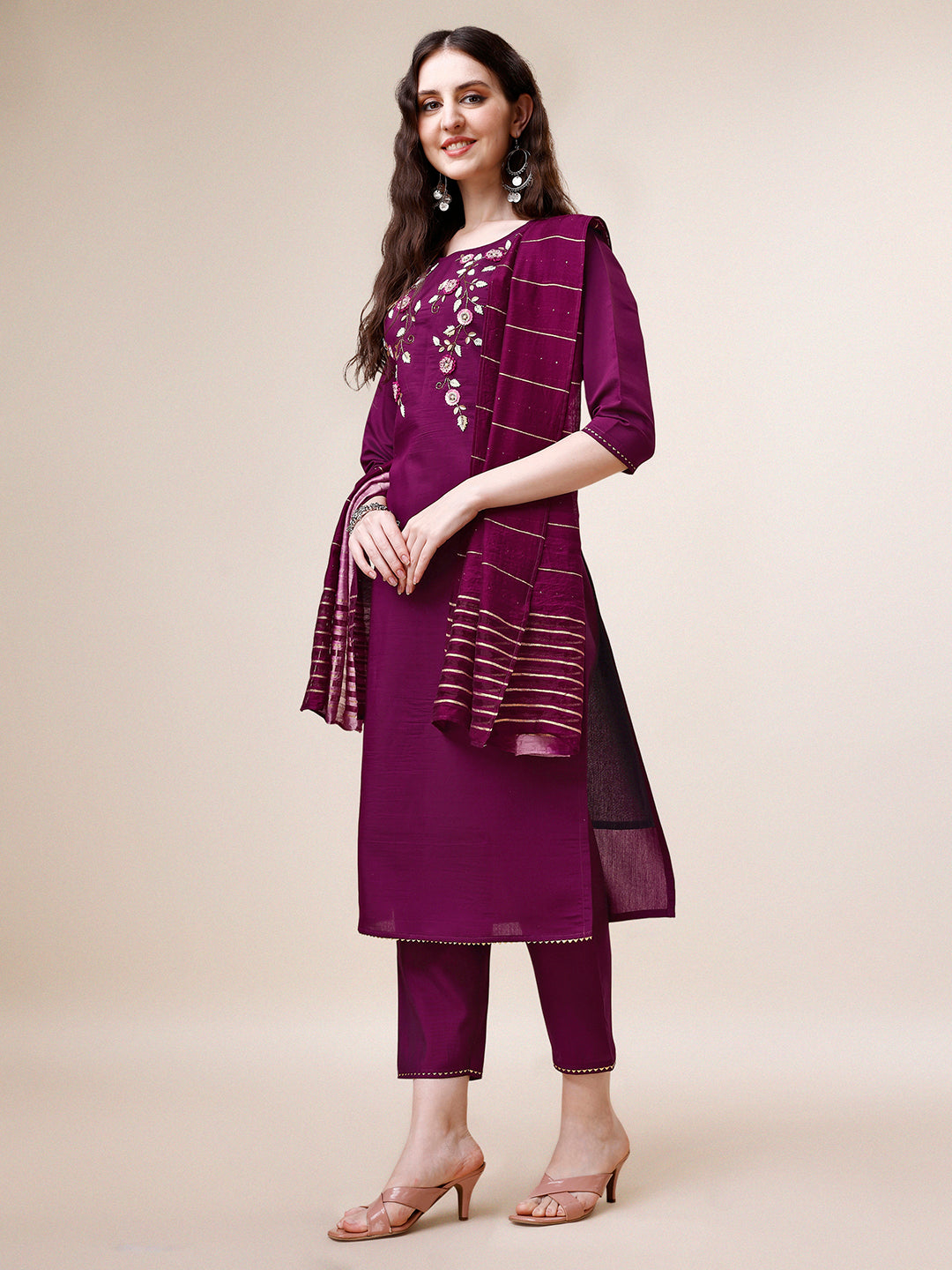 Hand Embroidered Kurta With Pant & Dupatta Set, Multicolor - Hiral Fashion