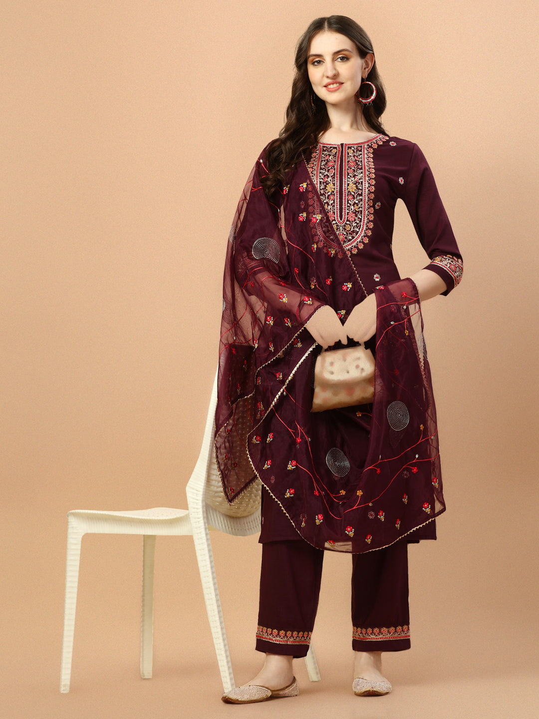Embroidered Kurta With Pant & Embroidered Organza Dupatta, Multicolor - Hiral Fashion