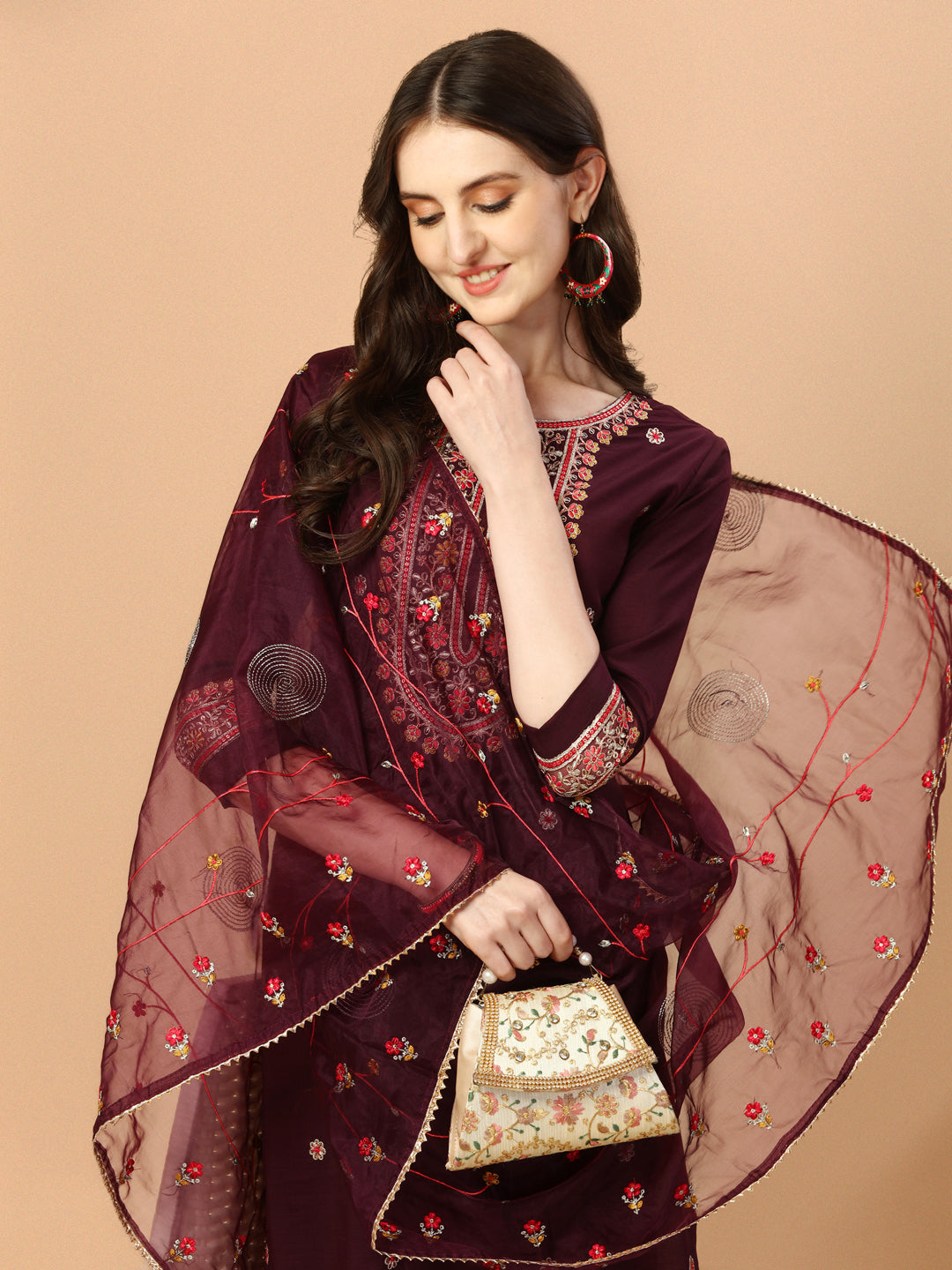 Embroidered Kurta With Pant & Embroidered Organza Dupatta, Multicolor - Hiral Fashion