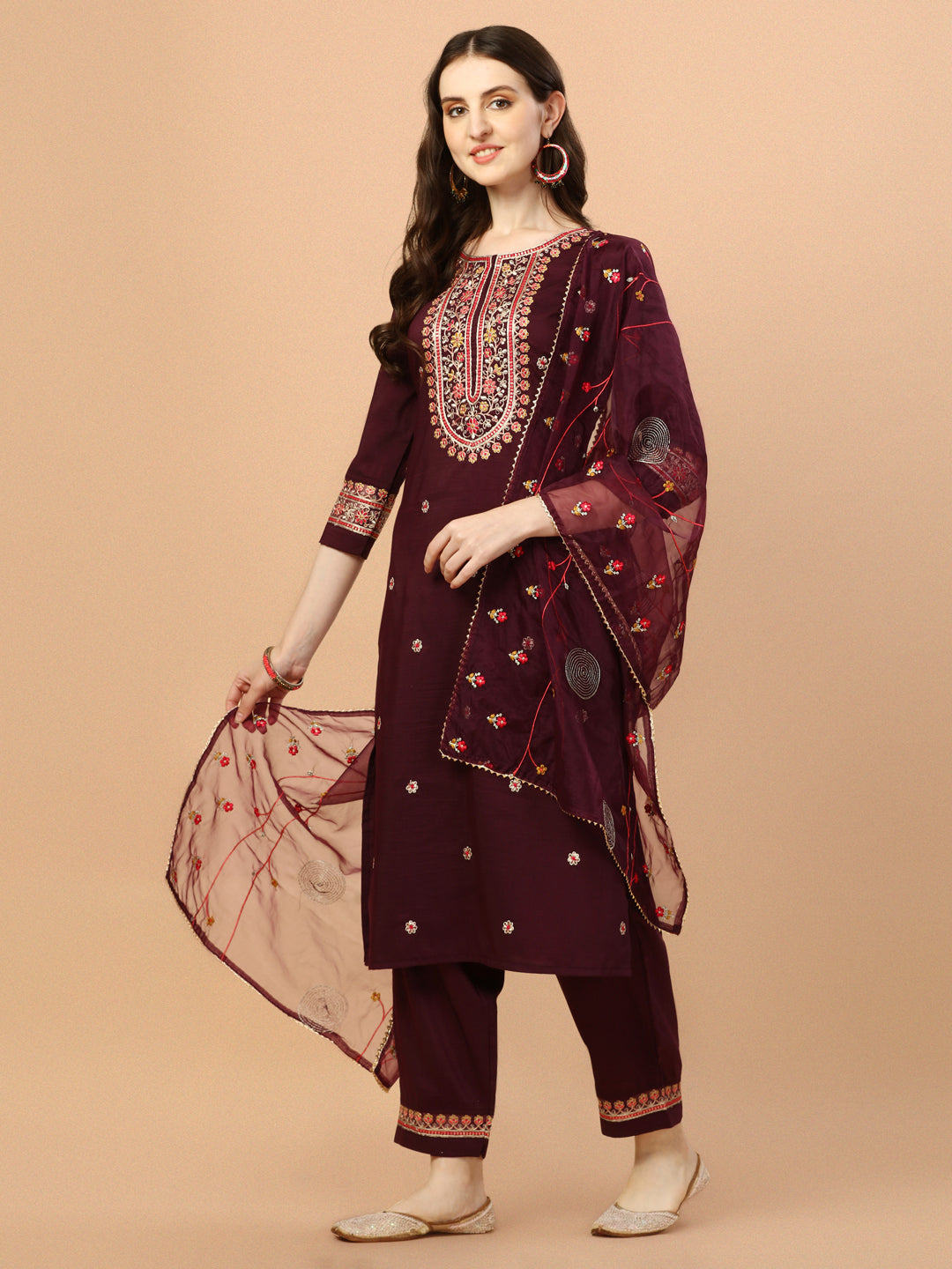 Embroidered Kurta With Pant & Embroidered Organza Dupatta, Multicolor - Hiral Fashion