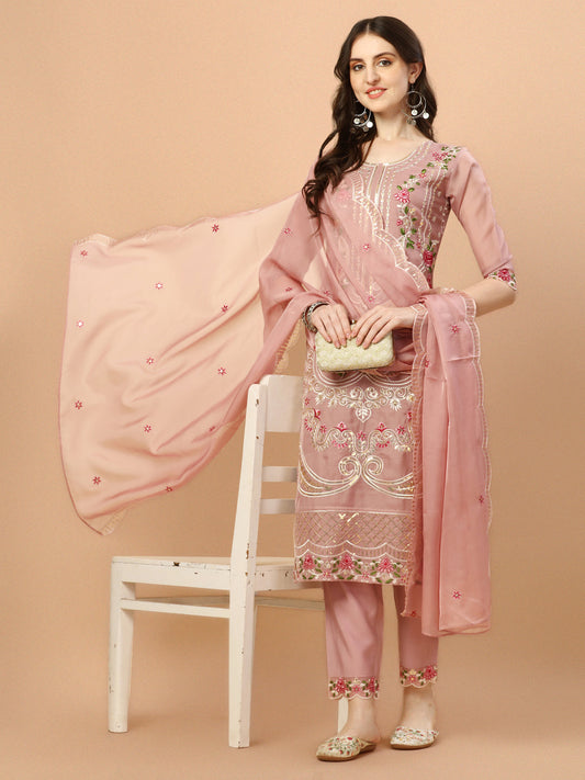 Embroidered Pakistani Kurta With Pant & Dupatta Set, Multicolor - Hiral Fashion