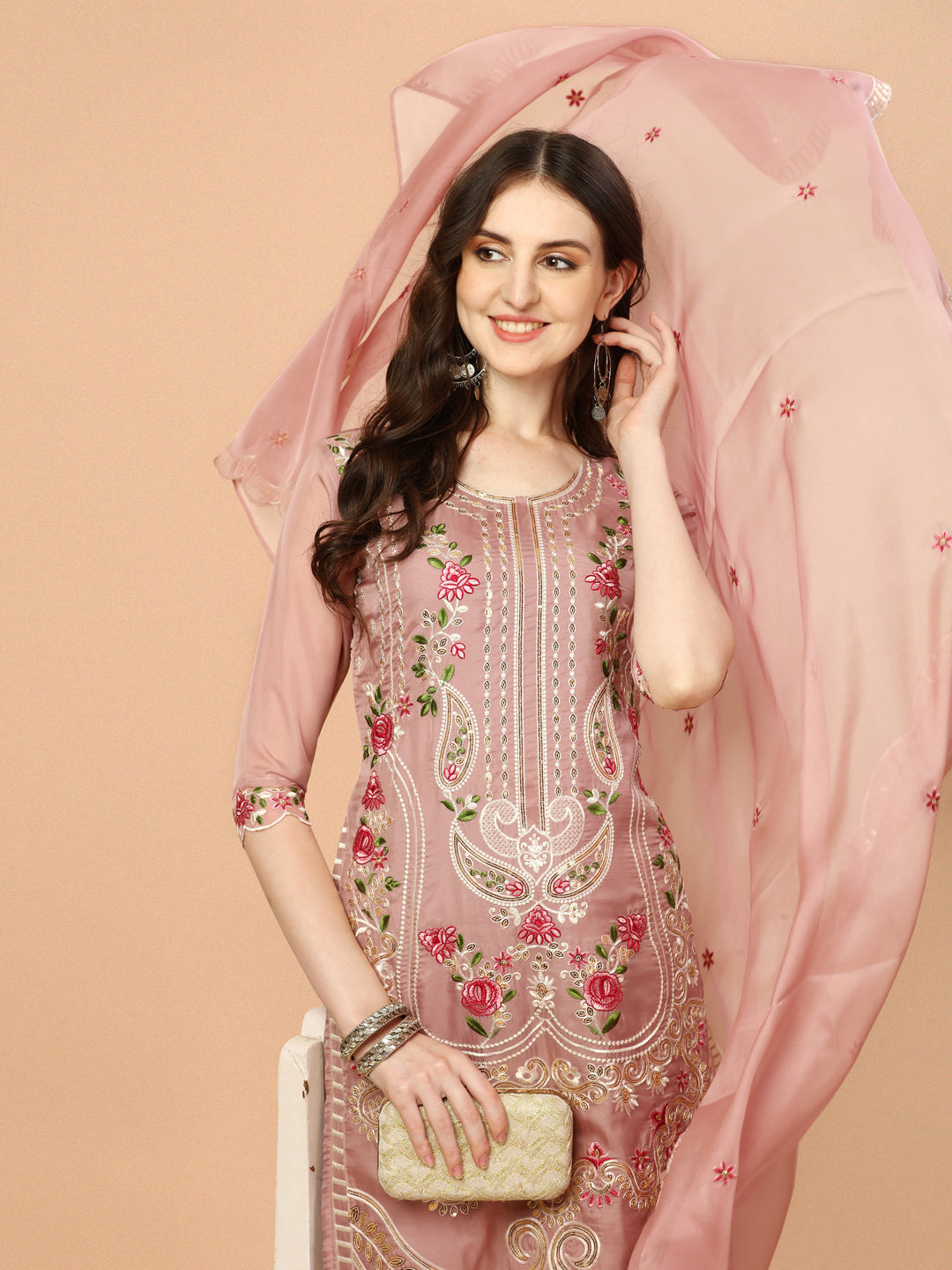Embroidered Pakistani Kurta With Pant & Dupatta Set, Multicolor - Hiral Fashion