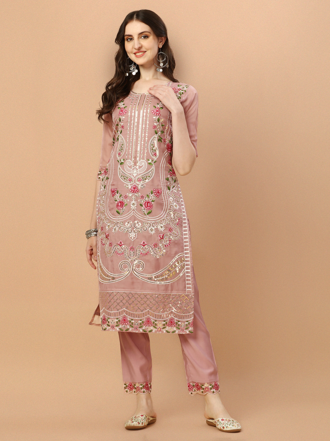 Embroidered Pakistani Kurta With Pant & Dupatta Set, Multicolor - Hiral Fashion