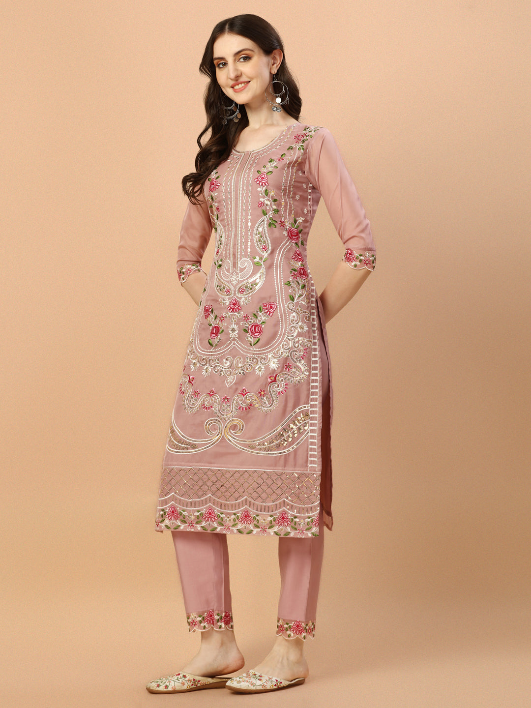 Embroidered Pakistani Kurta With Pant & Dupatta Set, Multicolor - Hiral Fashion