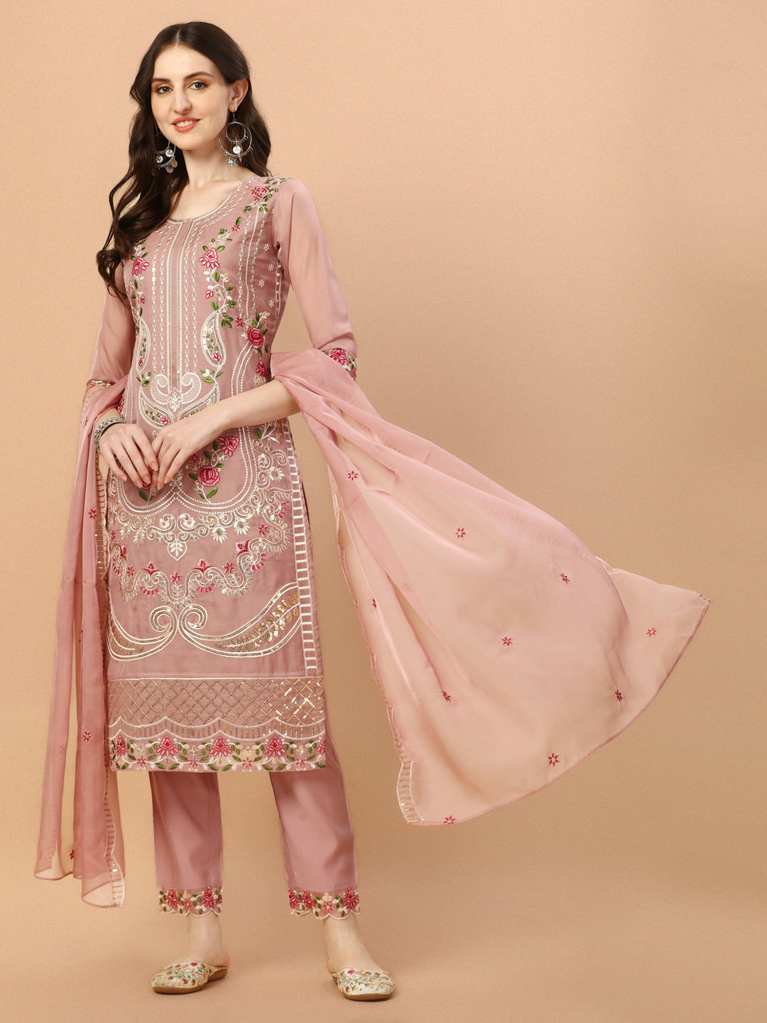 Embroidered Pakistani Kurta With Pant & Dupatta Set, Multicolor - Hiral Fashion