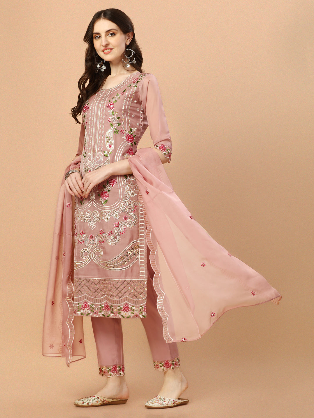 Embroidered Pakistani Kurta With Pant & Dupatta Set, Multicolor - Hiral Fashion