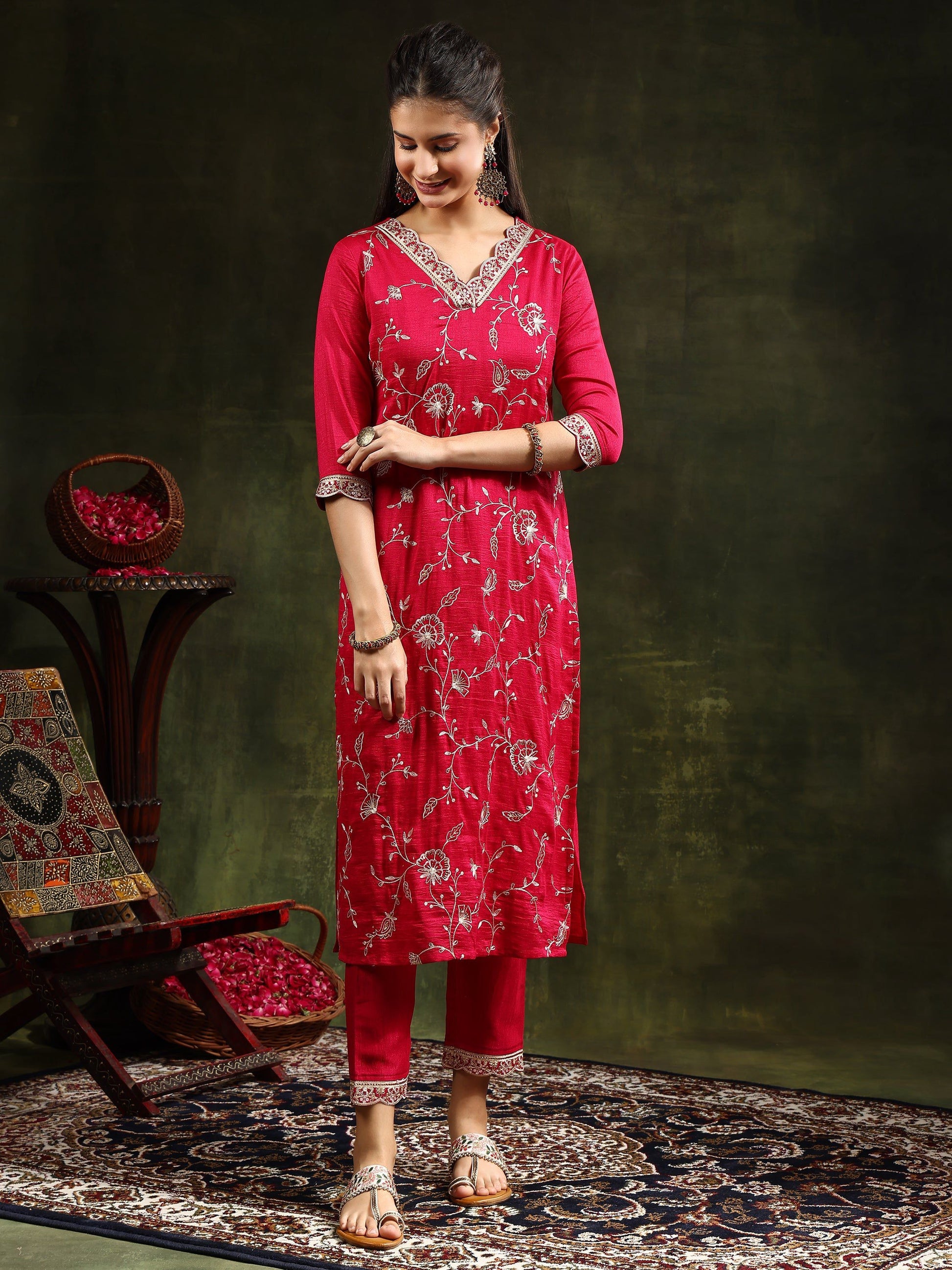 Sequined Embroidered Kurta With Pant & Embroidered Dupatta, Pink - Hiral Fashion