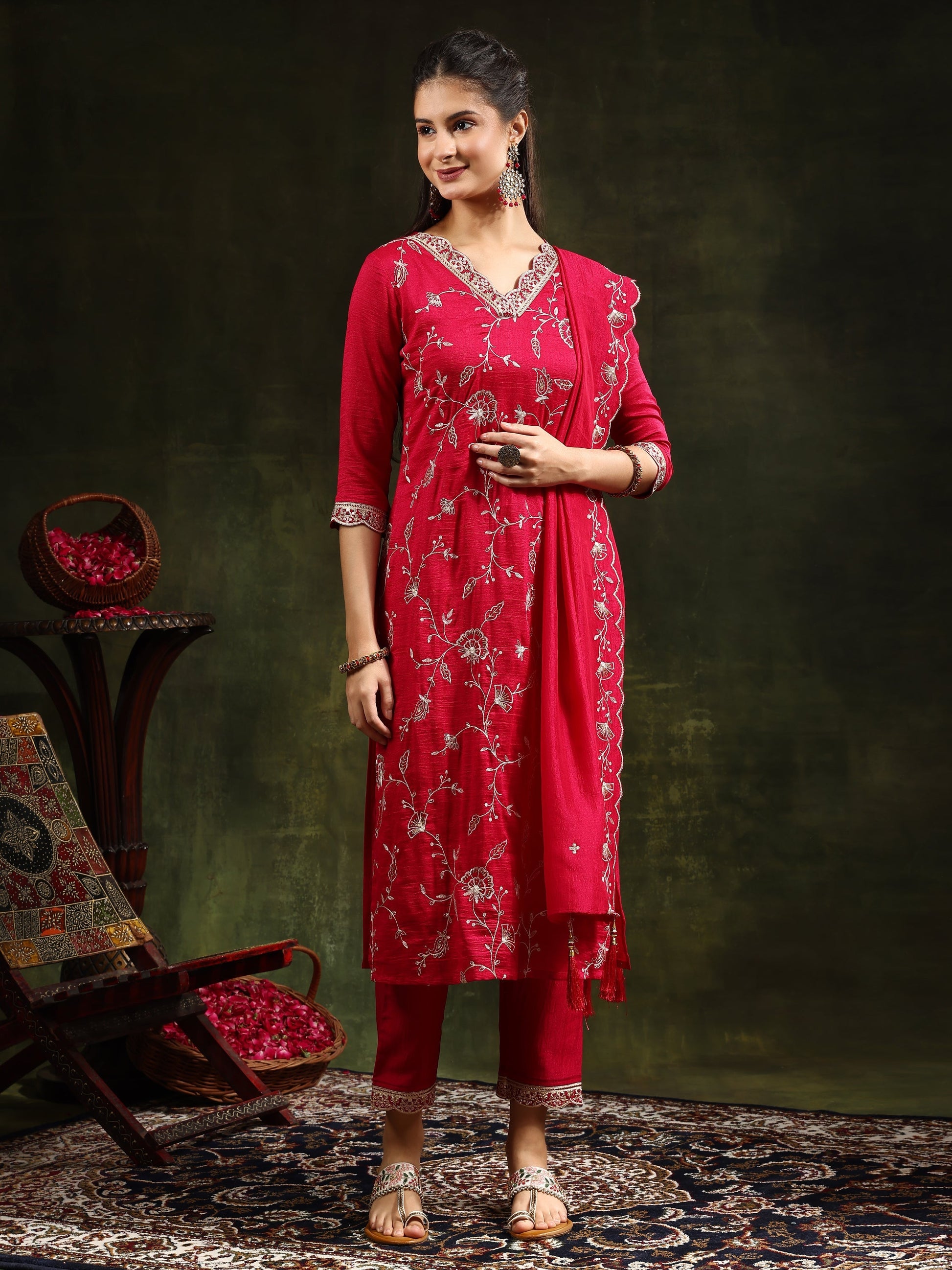 Sequined Embroidered Kurta With Pant & Embroidered Dupatta, Pink - Hiral Fashion