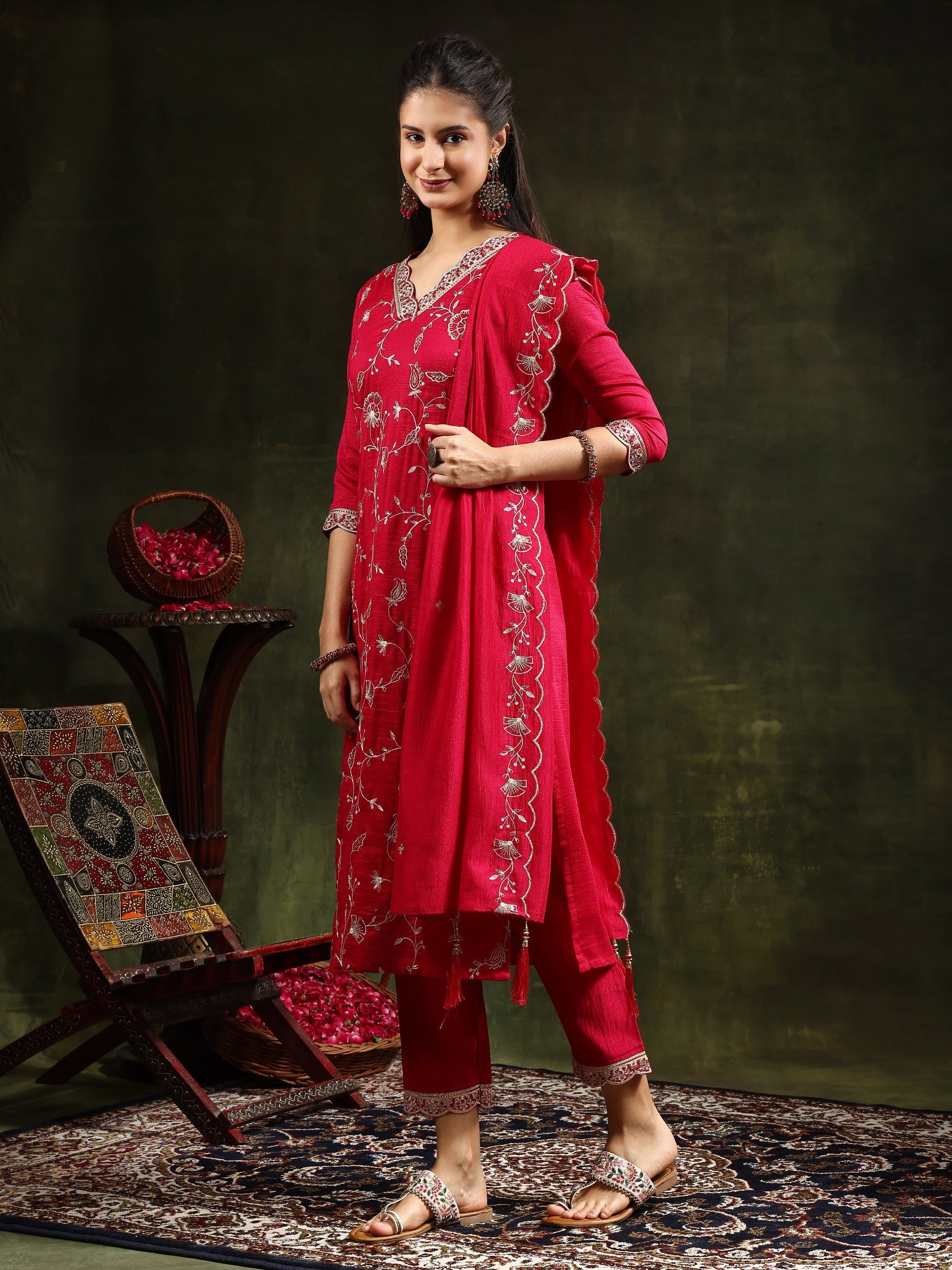 Sequined Embroidered Kurta With Pant & Embroidered Dupatta, Pink - Hiral Fashion