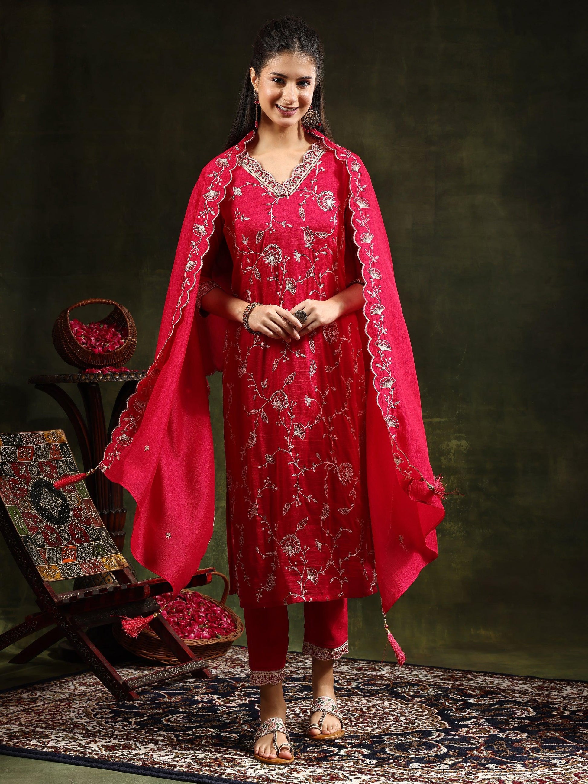 Sequined Embroidered Kurta With Pant & Embroidered Dupatta, Pink - Hiral Fashion