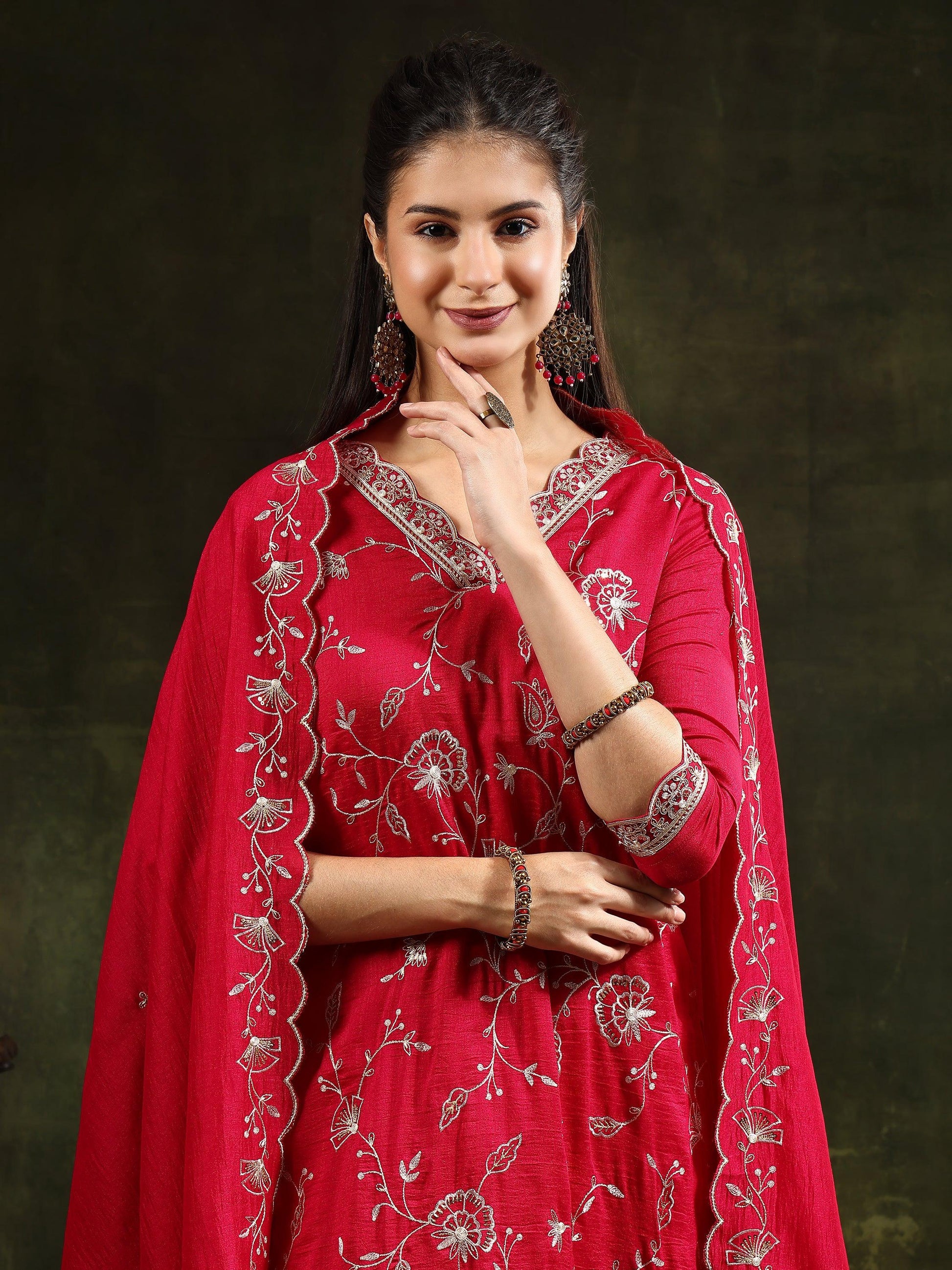 Sequined Embroidered Kurta With Pant & Embroidered Dupatta, Pink - Hiral Fashion