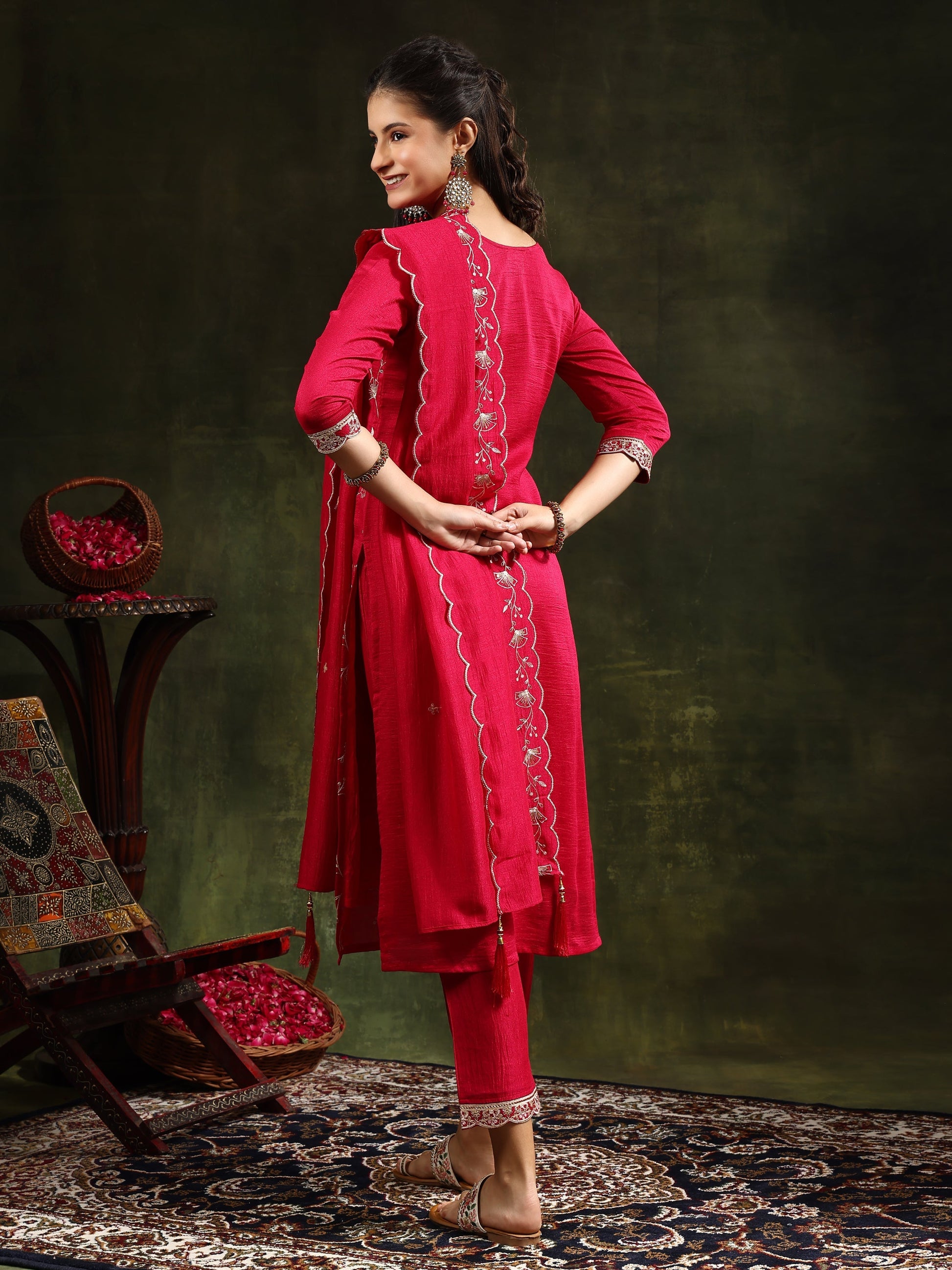 Sequined Embroidered Kurta With Pant & Embroidered Dupatta, Pink - Hiral Fashion