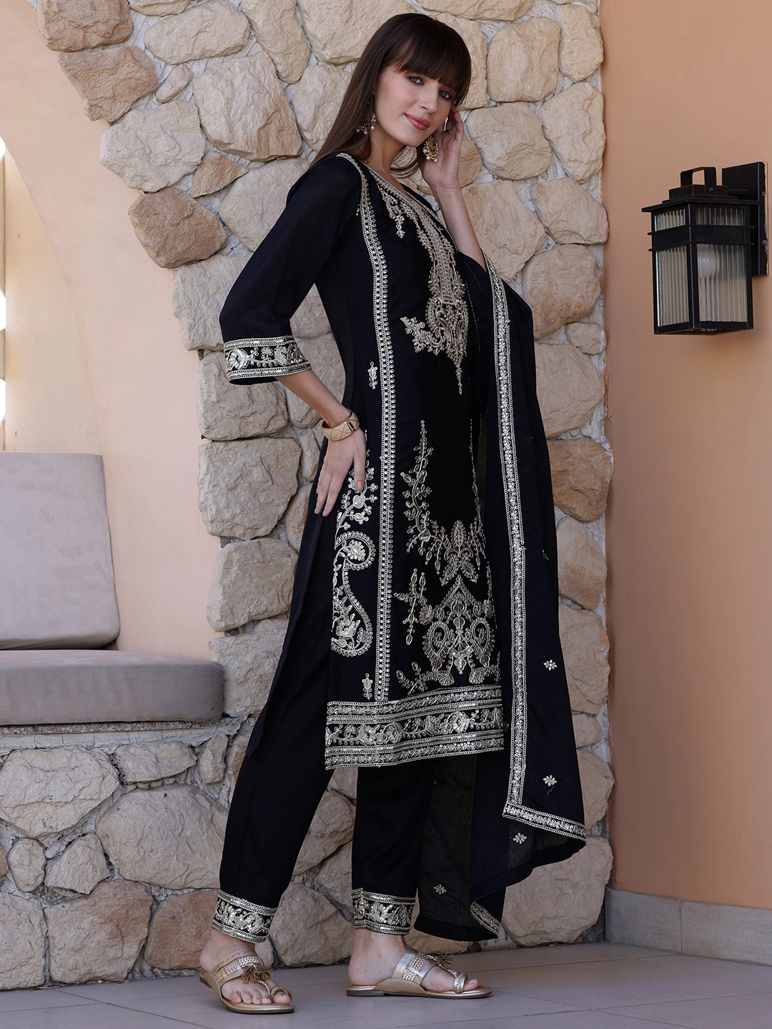 Pakistani Embroidered Kurta With Pant & Dupatta, Black - Hiral Fashion