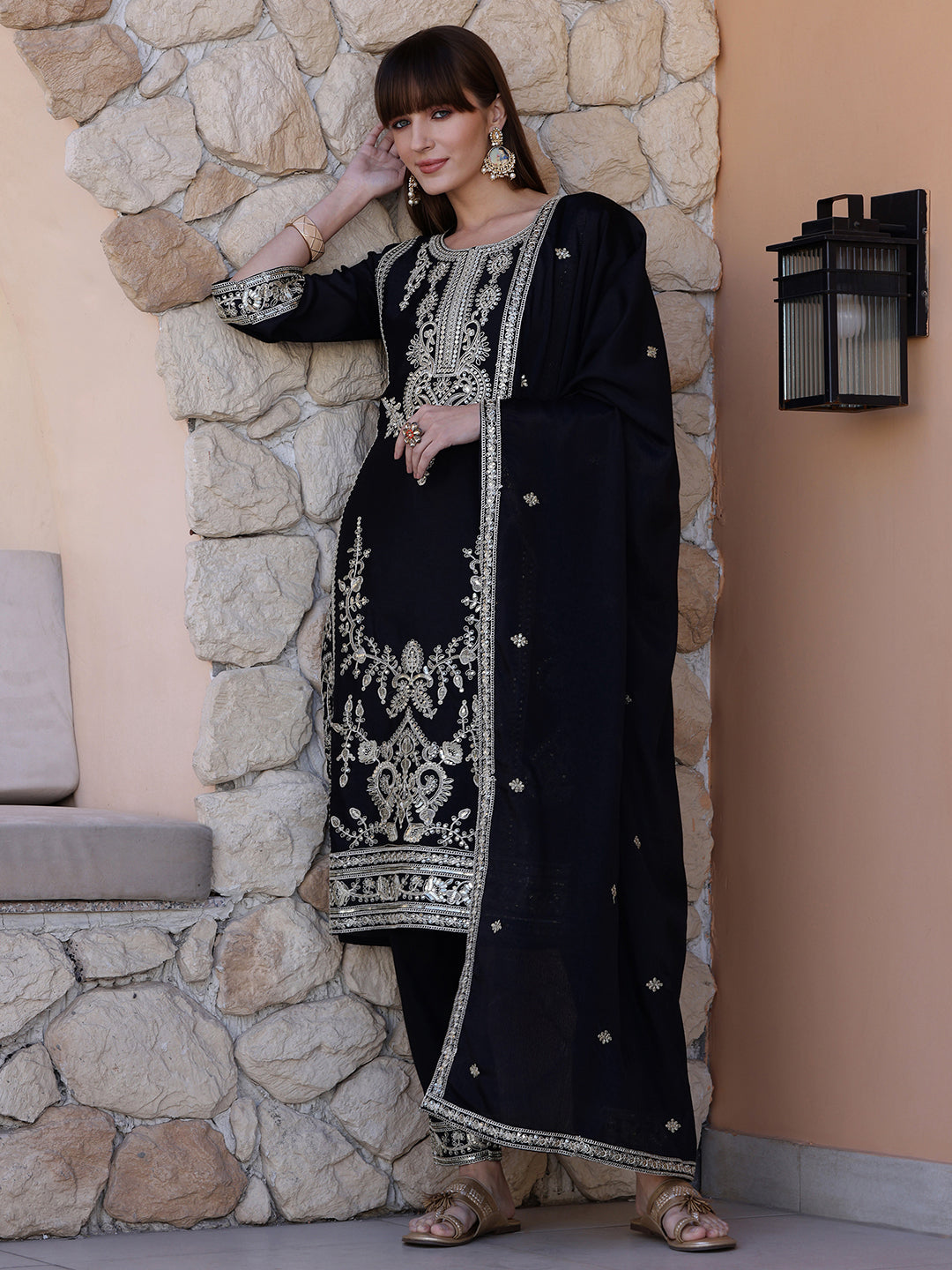 Pakistani Embroidered Kurta With Pant & Dupatta, Black - Hiral Fashion