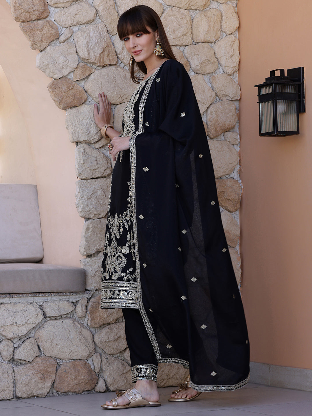 Pakistani Embroidered Kurta With Pant & Dupatta, Black - Hiral Fashion