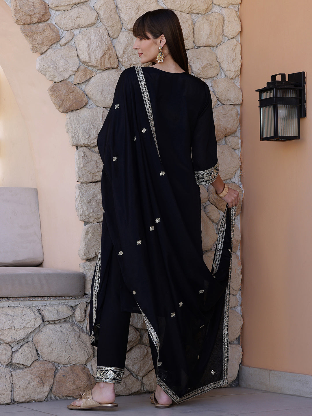 Pakistani Embroidered Kurta With Pant & Dupatta, Black - Hiral Fashion