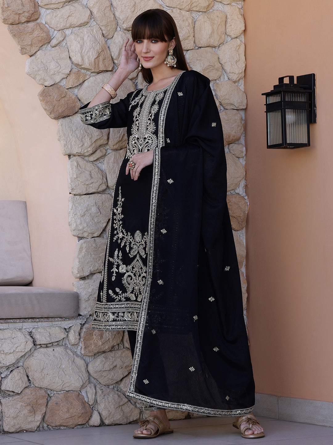 Pakistani Embroidered Kurta With Pant & Dupatta, Black - Hiral Fashion