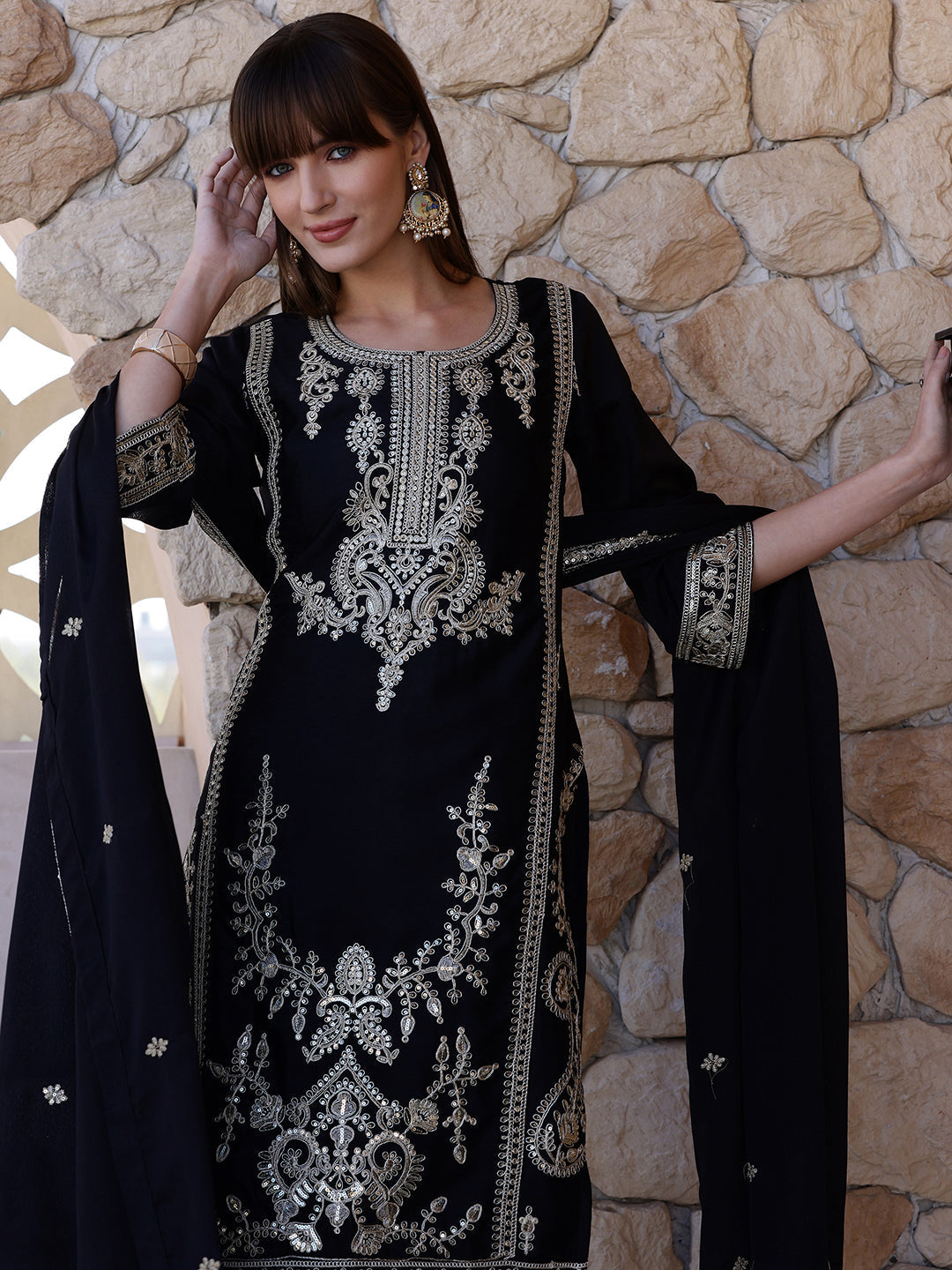 Pakistani Embroidered Kurta With Pant & Dupatta, Black - Hiral Fashion