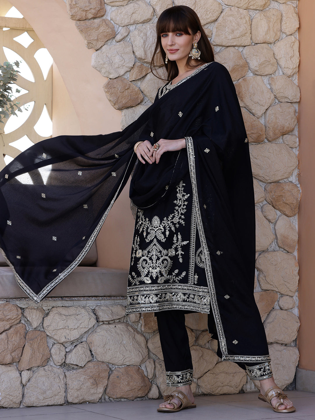 Pakistani Embroidered Kurta With Pant & Dupatta, Black - Hiral Fashion