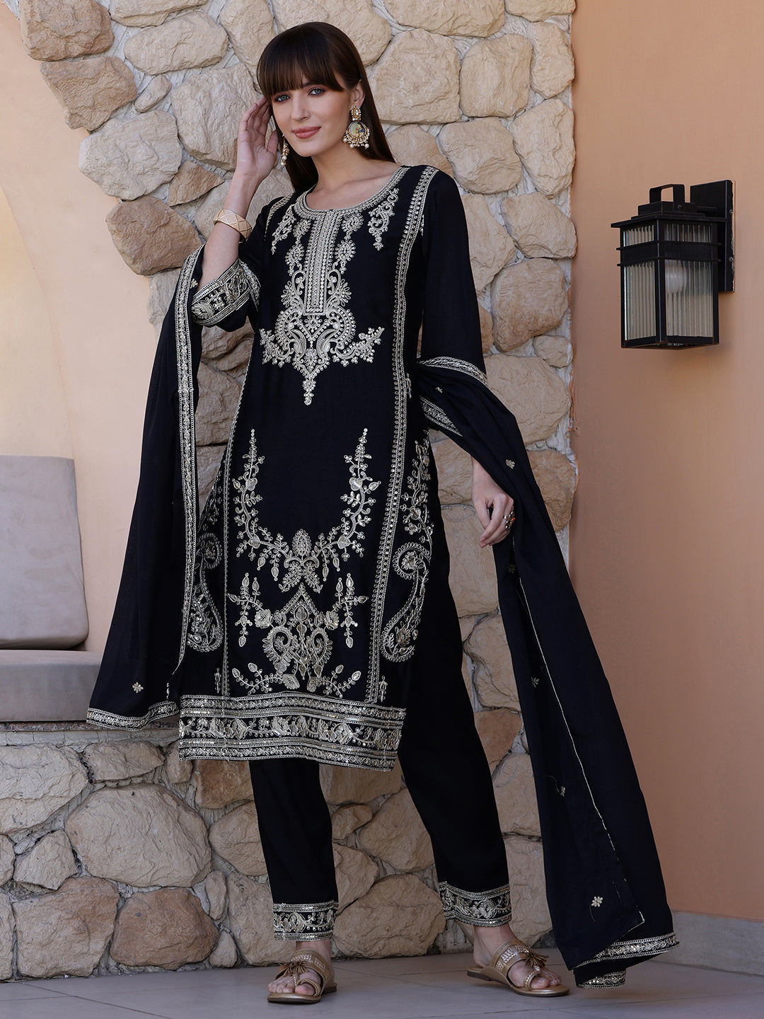 Pakistani Embroidered Kurta With Pant & Dupatta, Black - Hiral Fashion