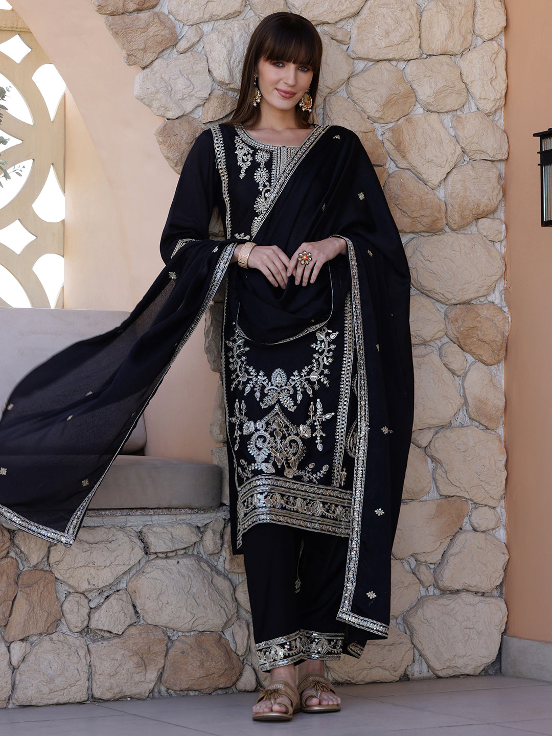 Pakistani Embroidered Kurta With Pant & Dupatta, Black - Hiral Fashion