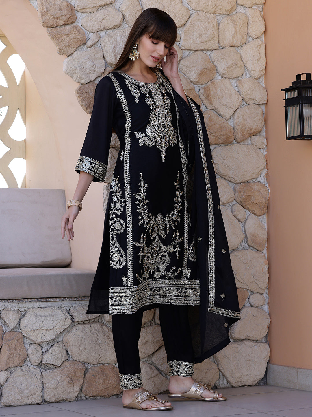 Pakistani Embroidered Kurta With Pant & Dupatta, Black - Hiral Fashion