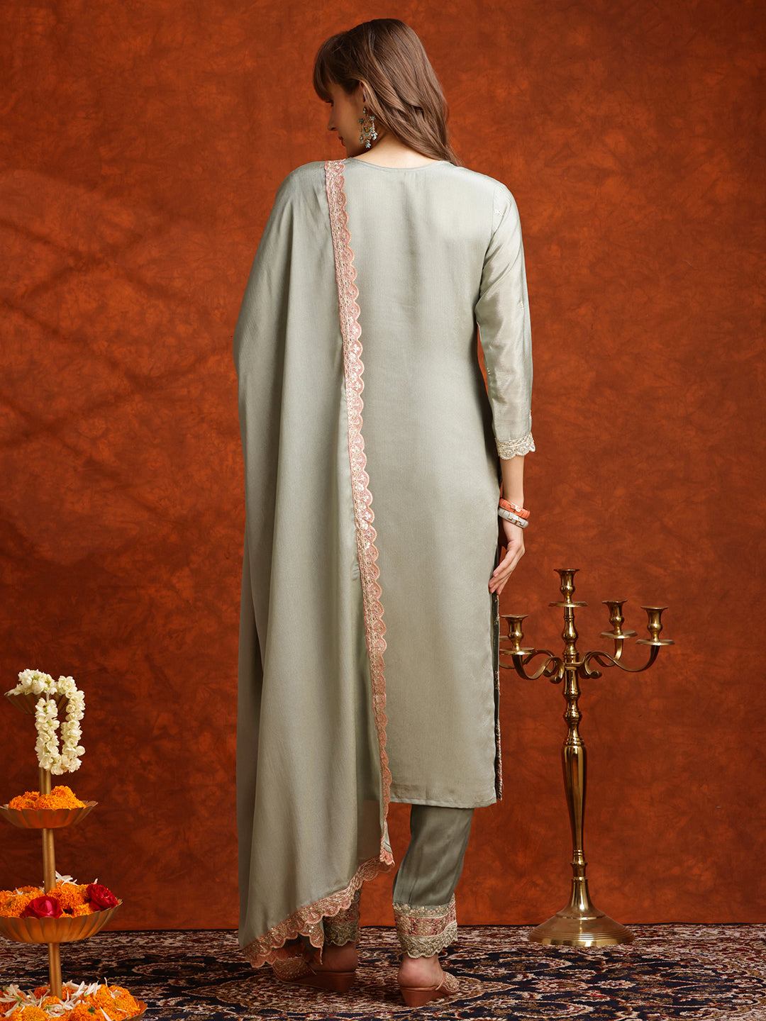 Pakistani Embroidered Kurta With Pant & Embroidered Dupatta, Green - Hiral Fashion