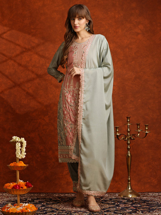 Pakistani Embroidered Kurta With Pant & Embroidered Dupatta, Green - Hiral Fashion