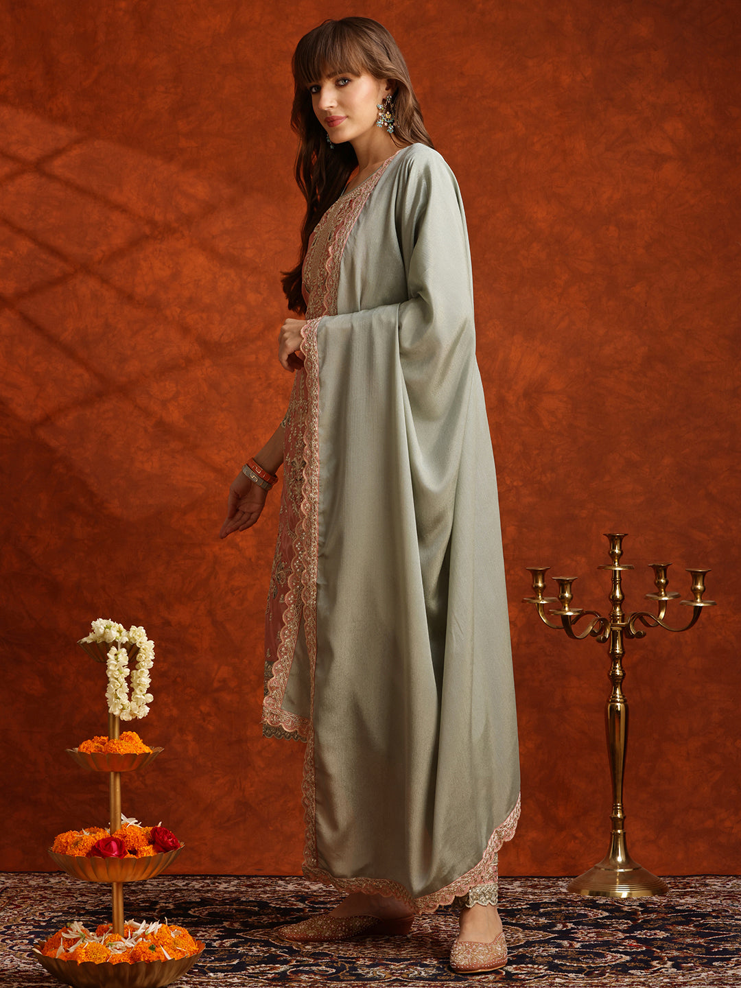 Pakistani Embroidered Kurta With Pant & Embroidered Dupatta, Green - Hiral Fashion