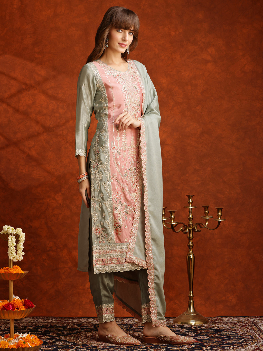 Pakistani Embroidered Kurta With Pant & Embroidered Dupatta, Green - Hiral Fashion