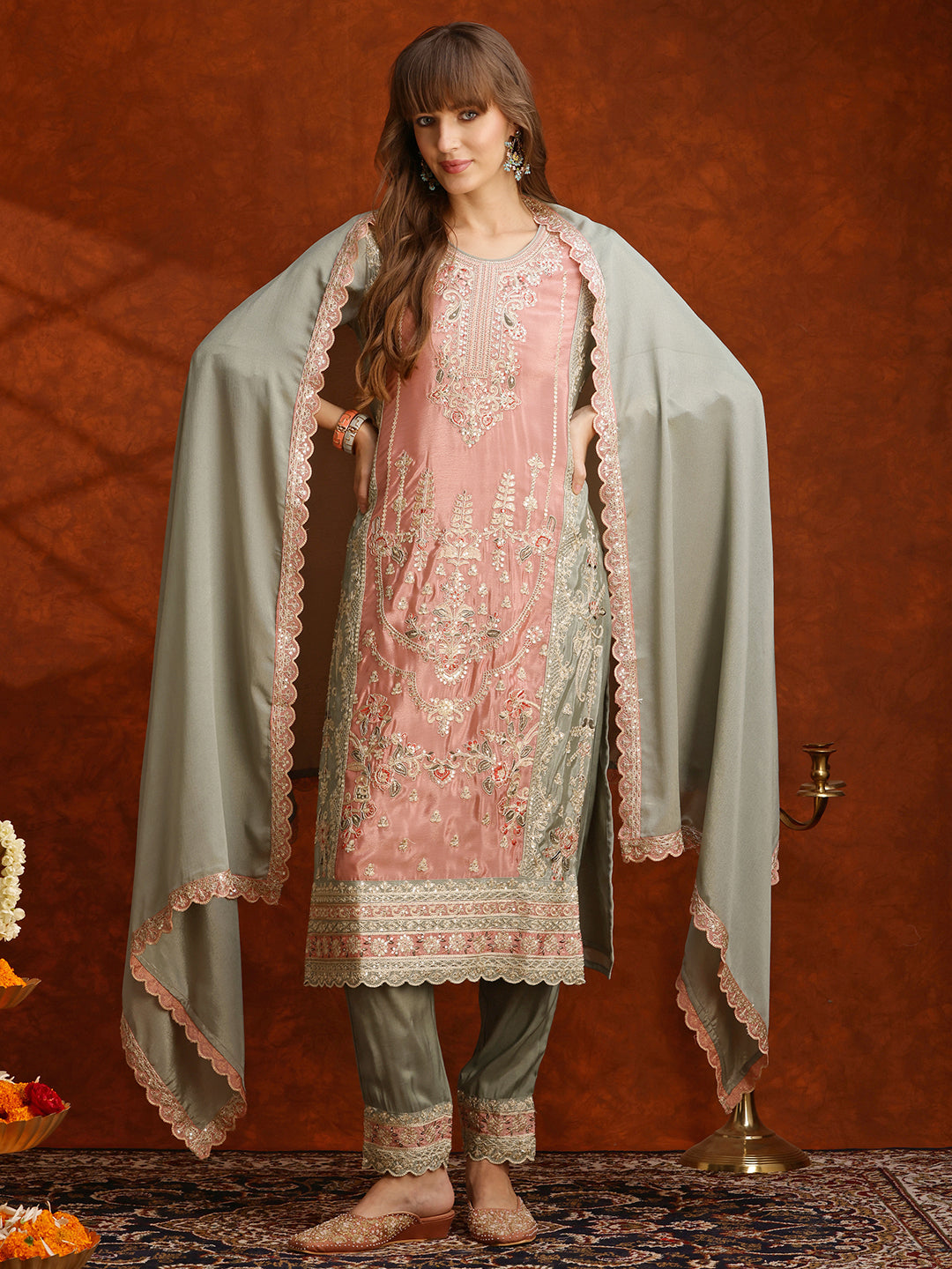 Pakistani Embroidered Kurta With Pant & Embroidered Dupatta, Green - Hiral Fashion