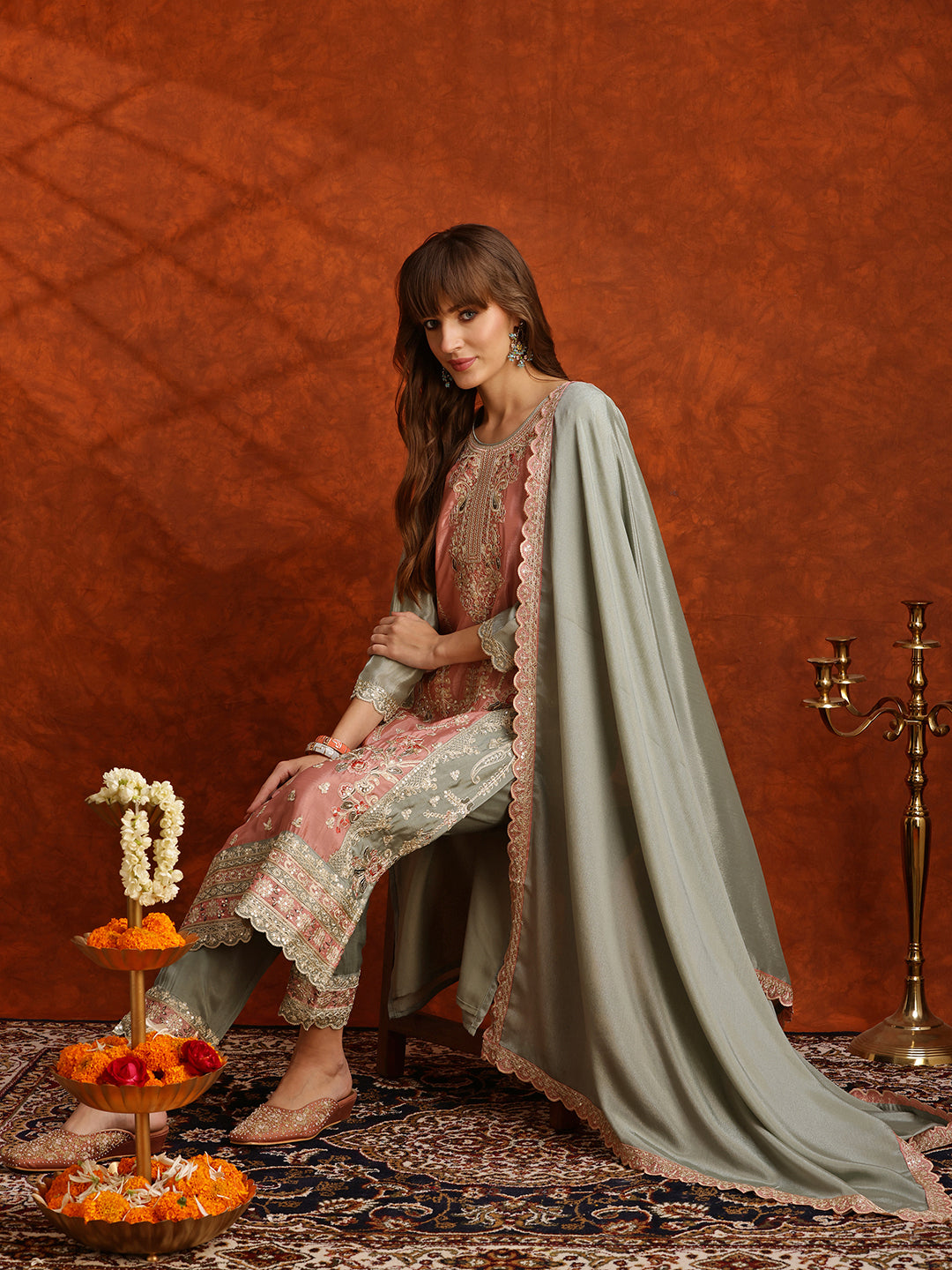 Pakistani Embroidered Kurta With Pant & Embroidered Dupatta, Green - Hiral Fashion
