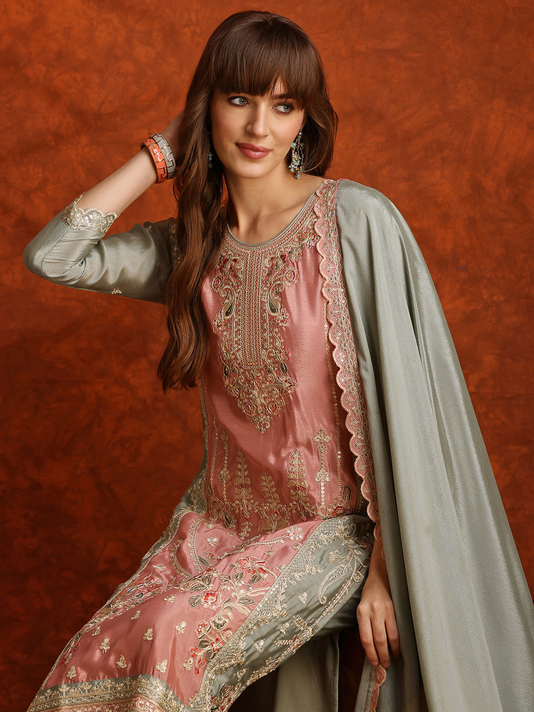 Pakistani Embroidered Kurta With Pant & Embroidered Dupatta, Green - Hiral Fashion