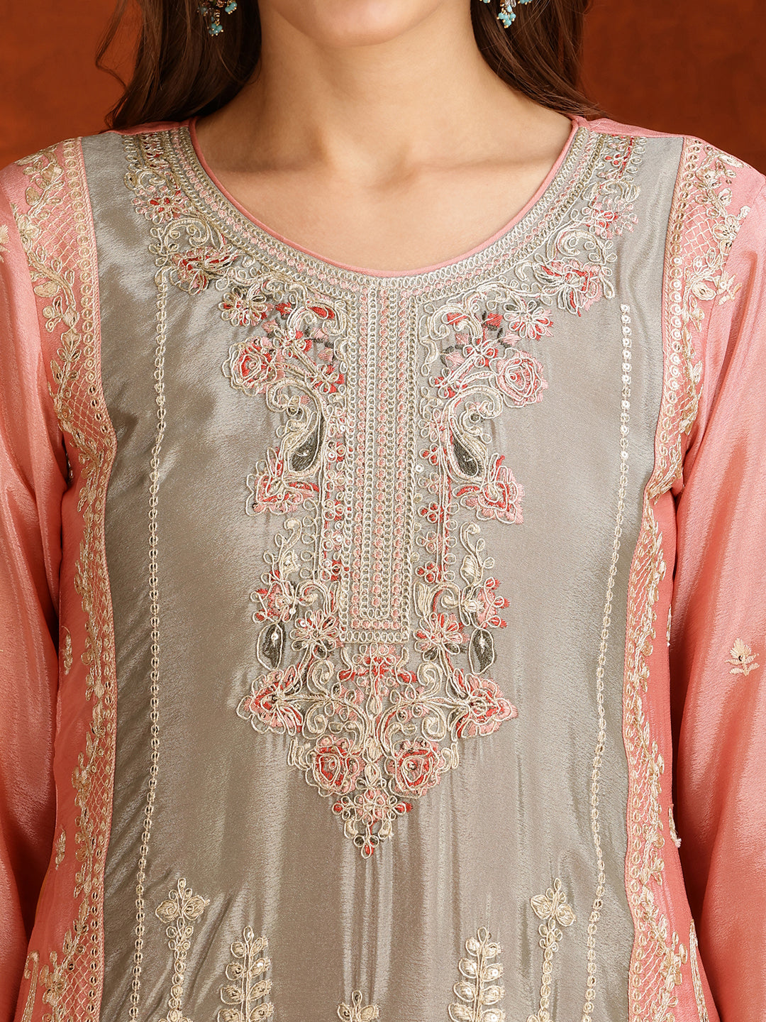 Pakistani Embroidered Kurta With Pant & Embroidered Dupatta, Pink - Hiral Fashion