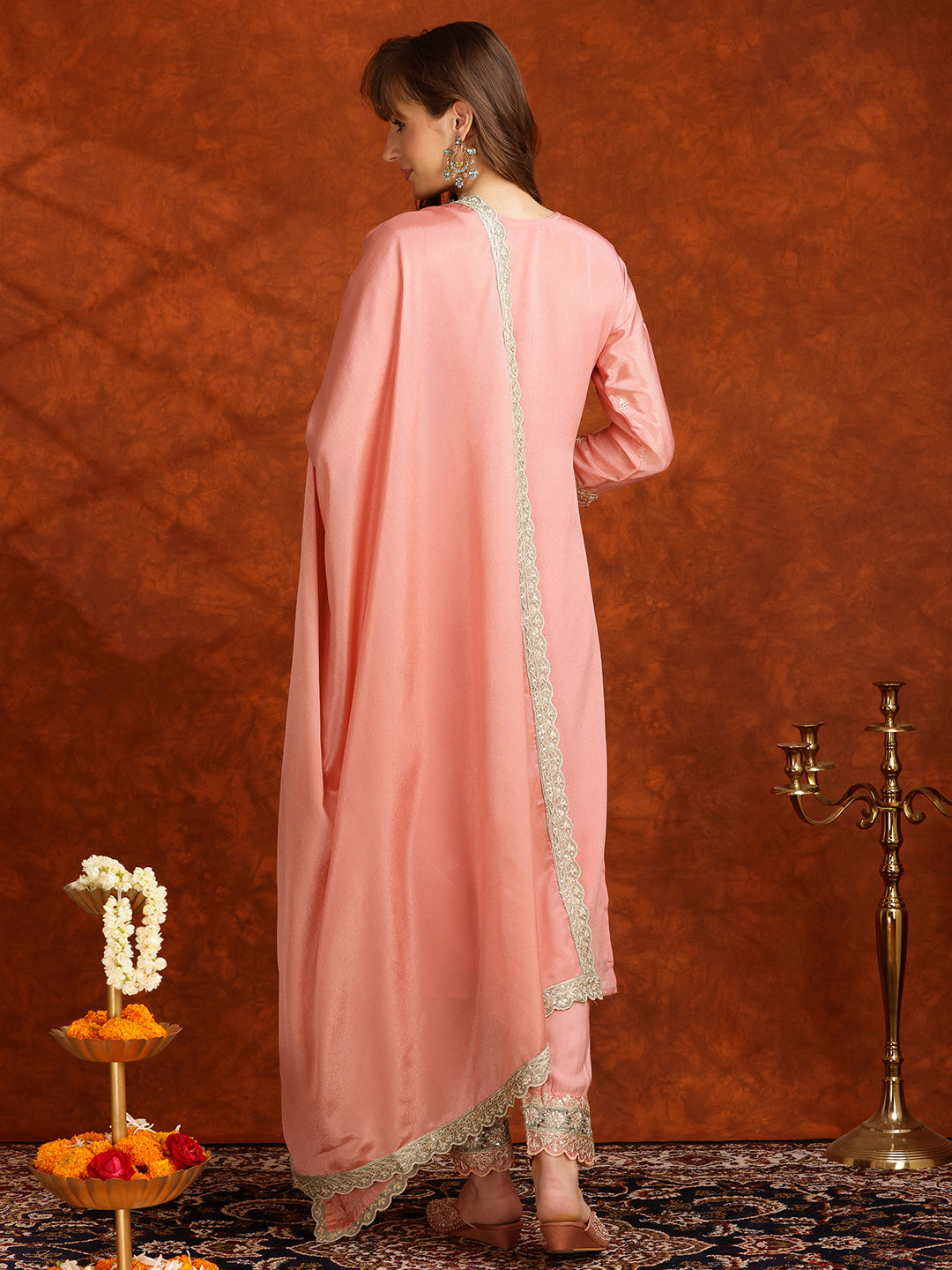 Pakistani Embroidered Kurta With Pant & Embroidered Dupatta, Pink - Hiral Fashion