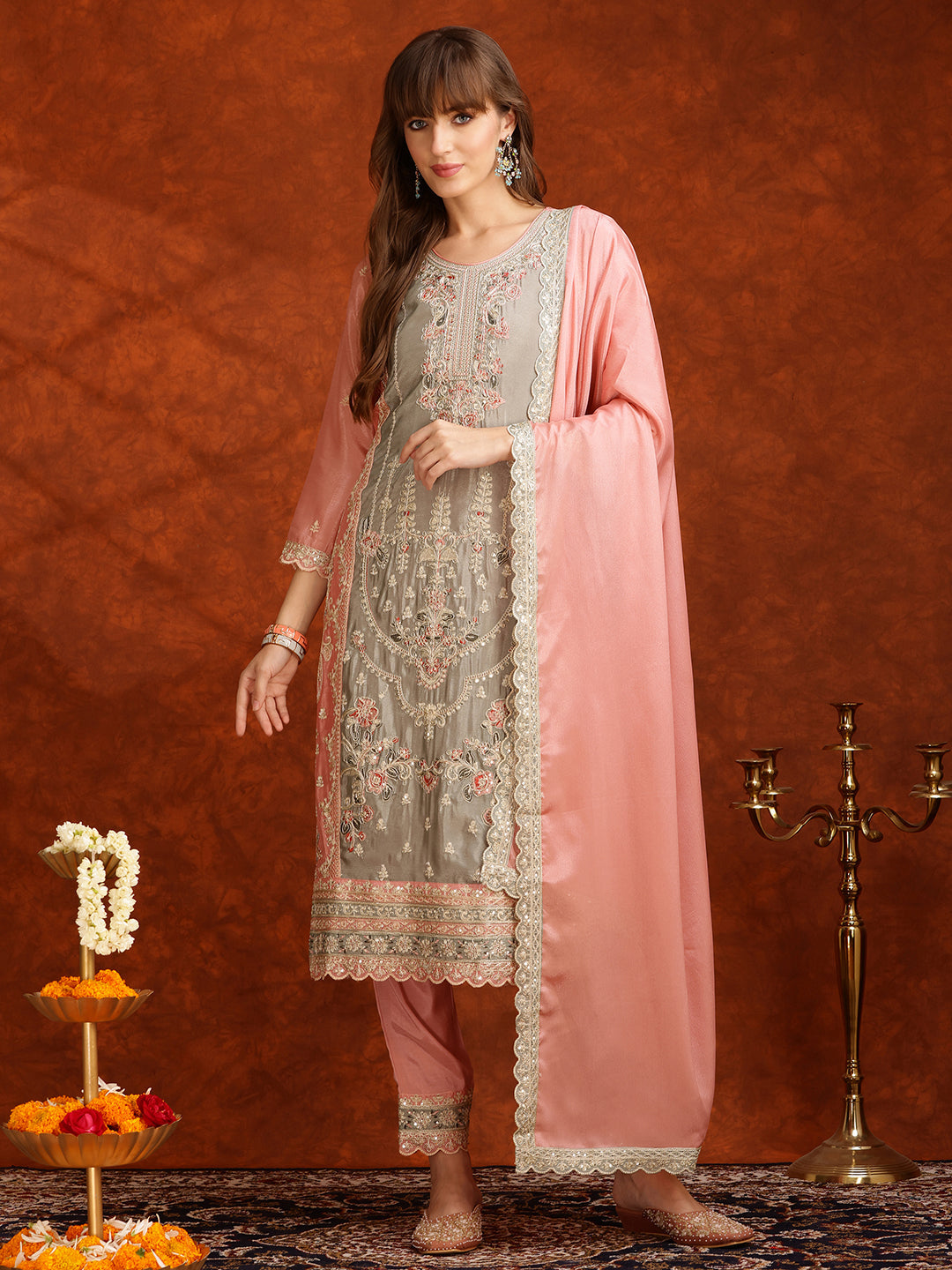 Pakistani Embroidered Kurta With Pant & Embroidered Dupatta, Pink - Hiral Fashion