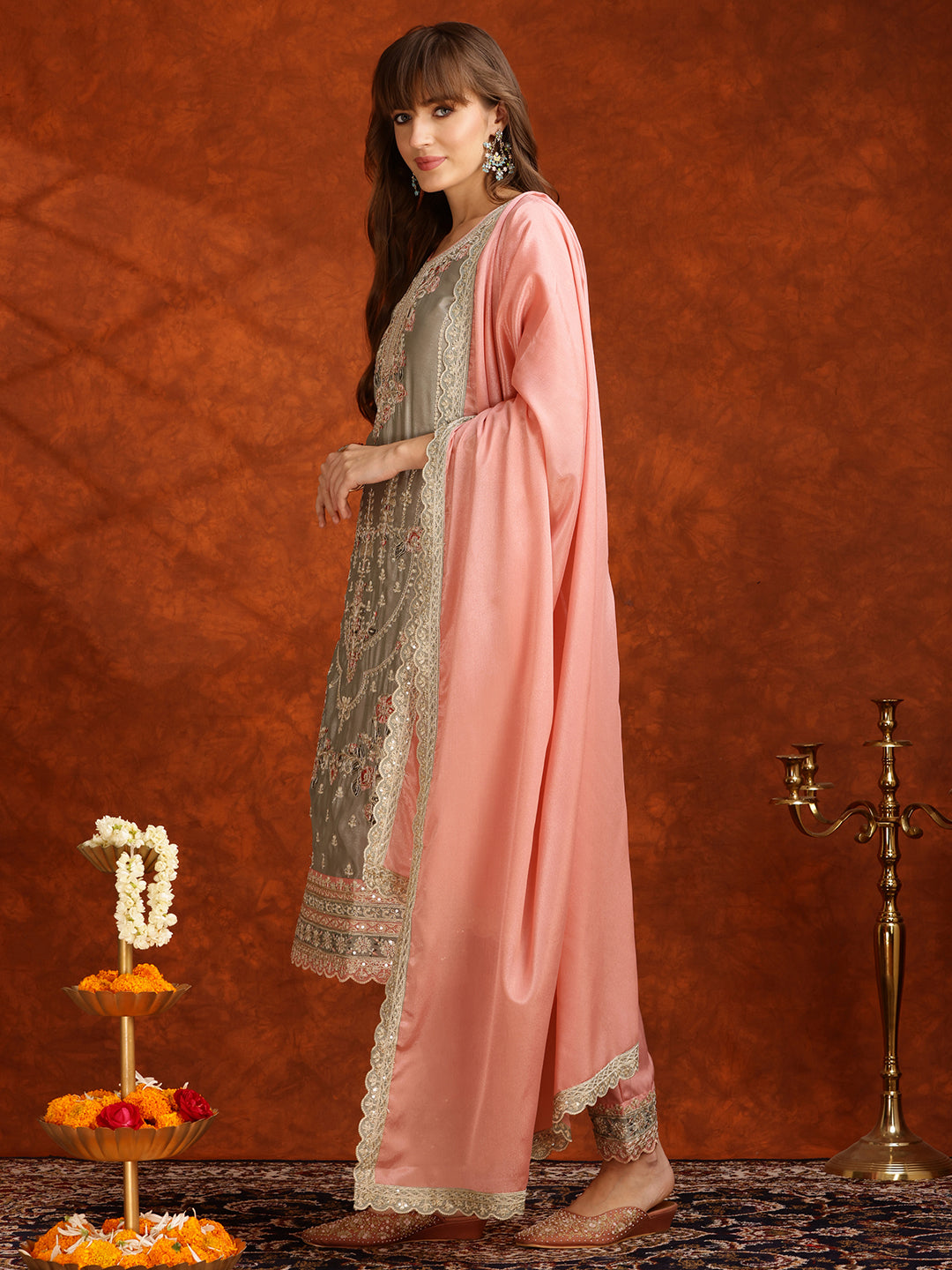 Pakistani Embroidered Kurta With Pant & Embroidered Dupatta, Pink - Hiral Fashion
