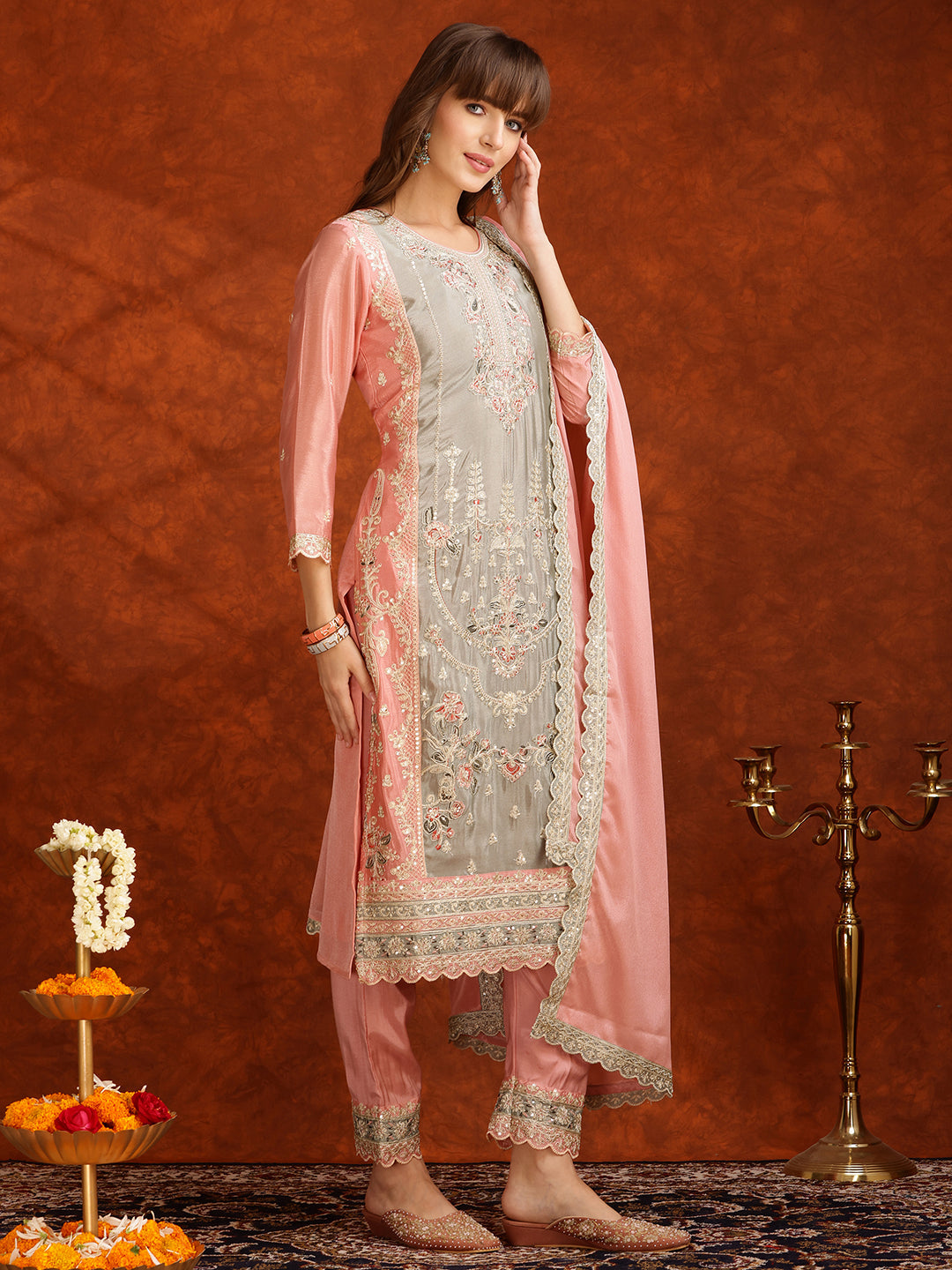 Pakistani Embroidered Kurta With Pant & Embroidered Dupatta, Pink - Hiral Fashion