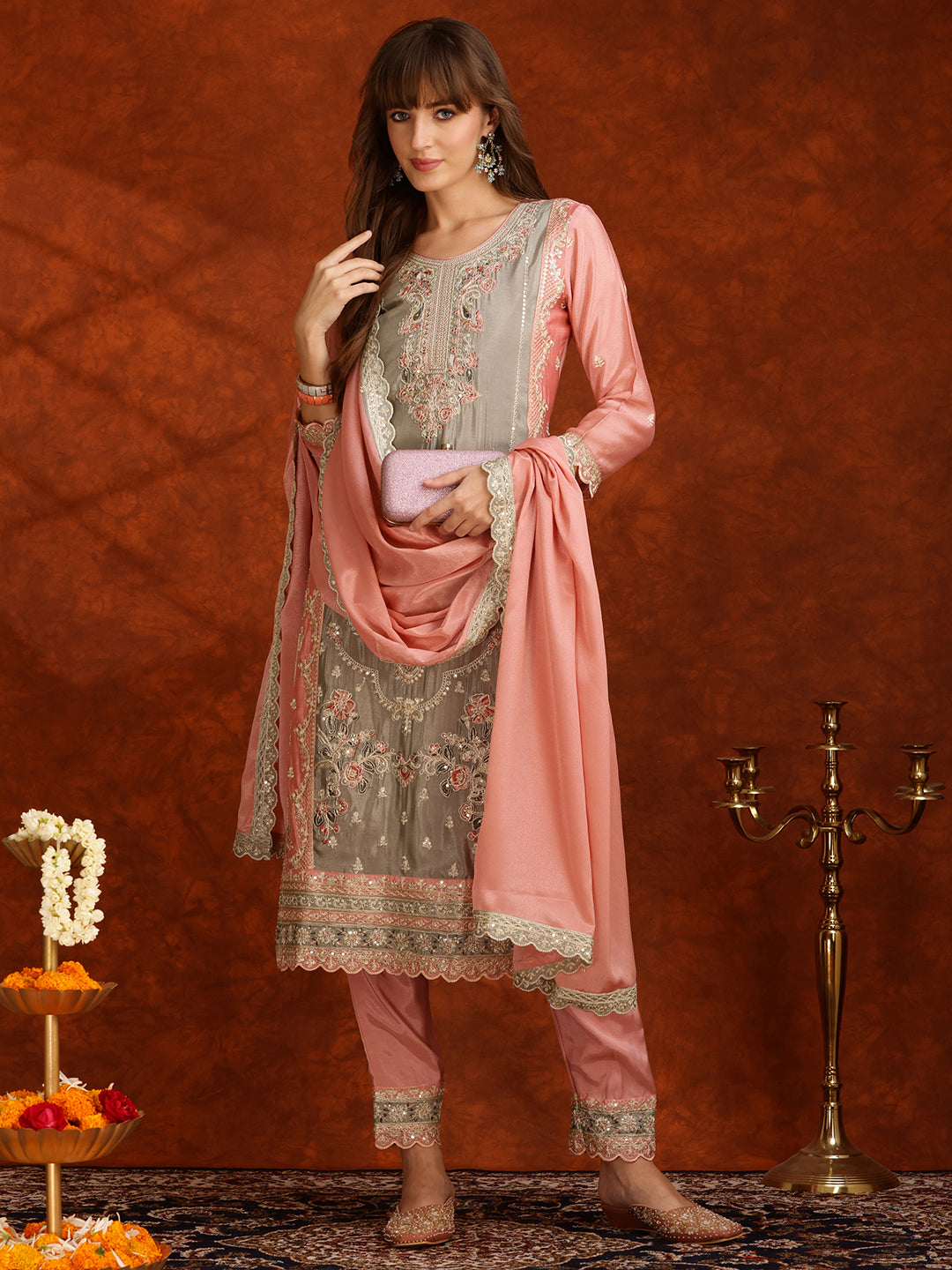 Pakistani Embroidered Kurta With Pant & Embroidered Dupatta, Pink - Hiral Fashion