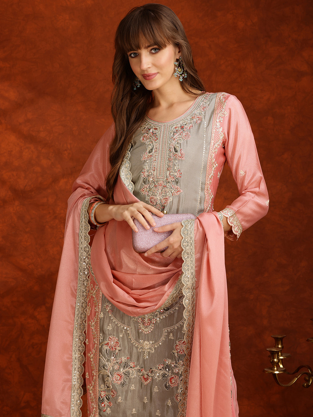 Pakistani Embroidered Kurta With Pant & Embroidered Dupatta, Pink - Hiral Fashion