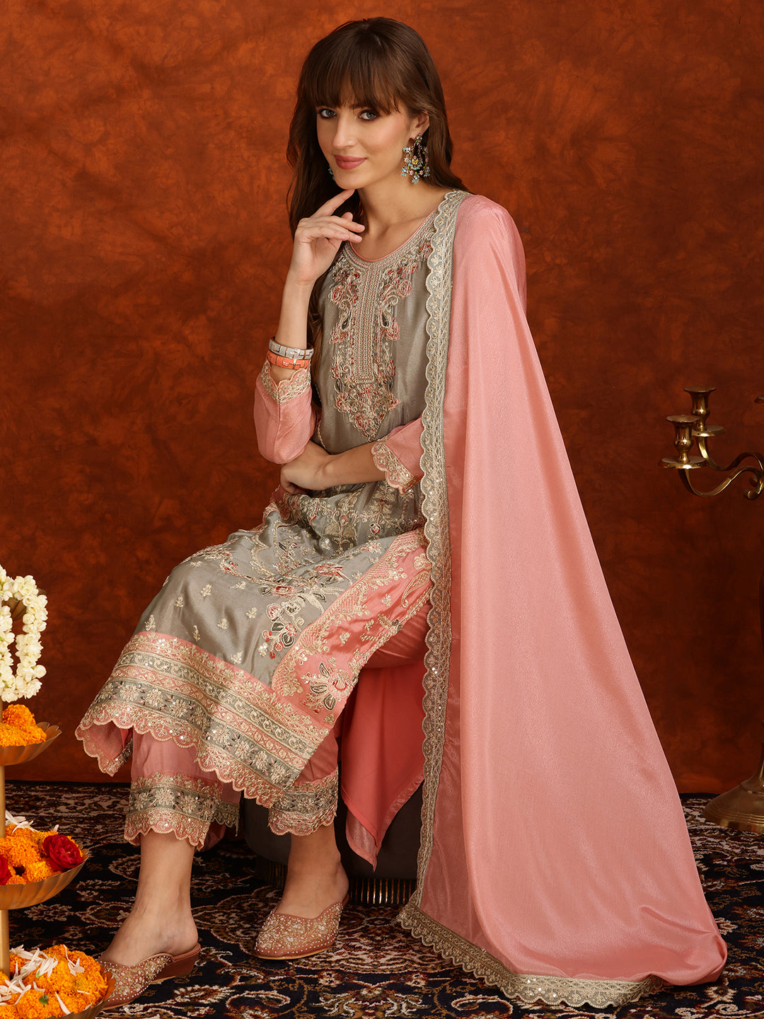 Pakistani Embroidered Kurta With Pant & Embroidered Dupatta, Pink - Hiral Fashion