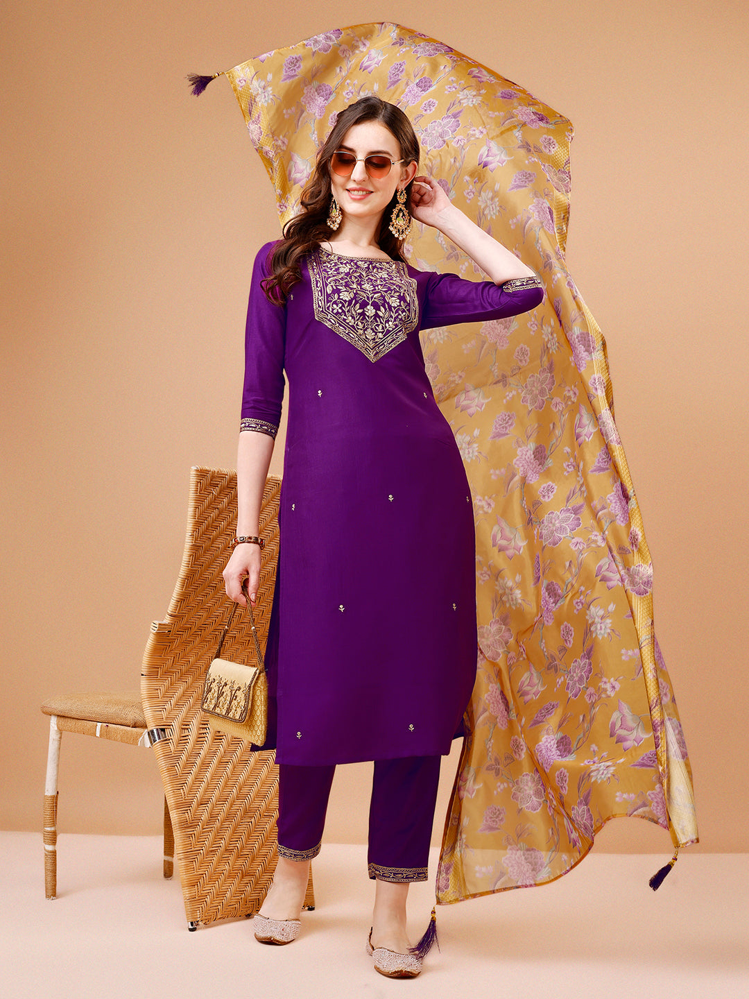 Embroidered Kurta With Pant & Printed Organza Dupatta Premium, Multicolor - Hiral Fashion