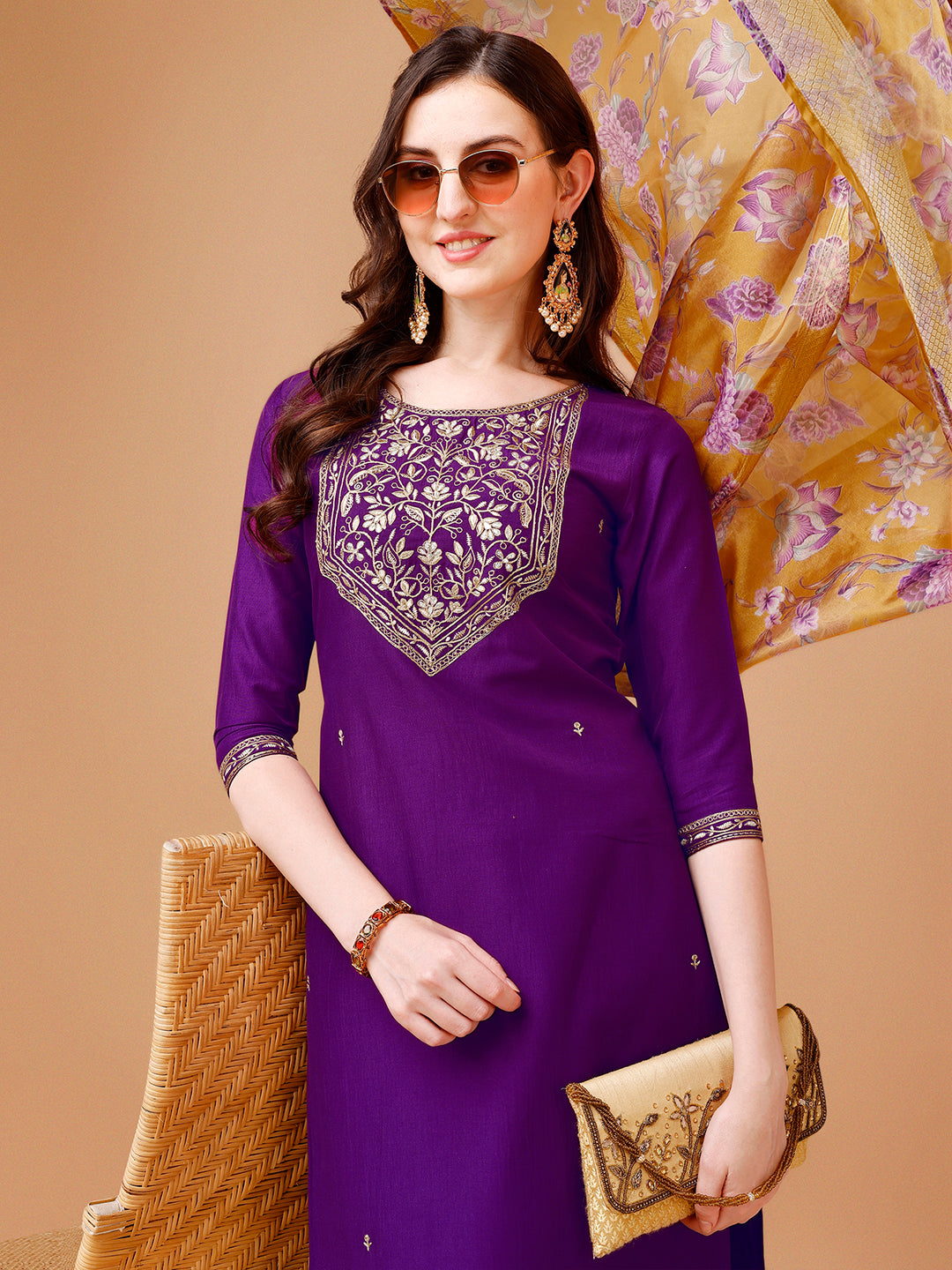 Embroidered Kurta With Pant & Printed Organza Dupatta Premium, Multicolor - Hiral Fashion