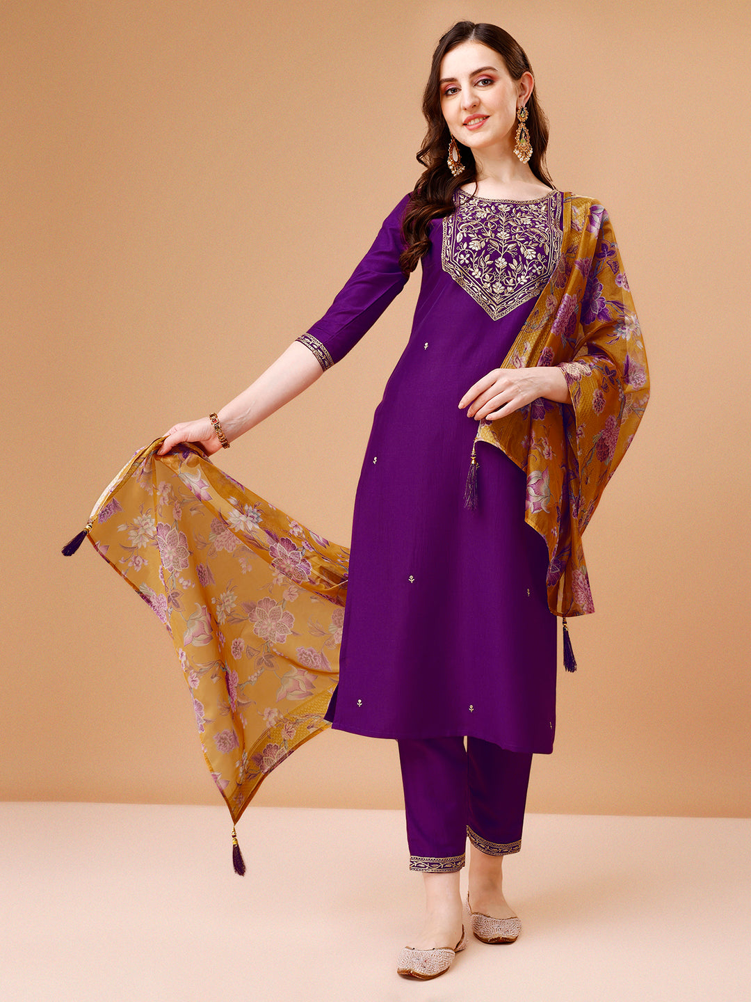 Embroidered Kurta With Pant & Printed Organza Dupatta Premium, Multicolor - Hiral Fashion
