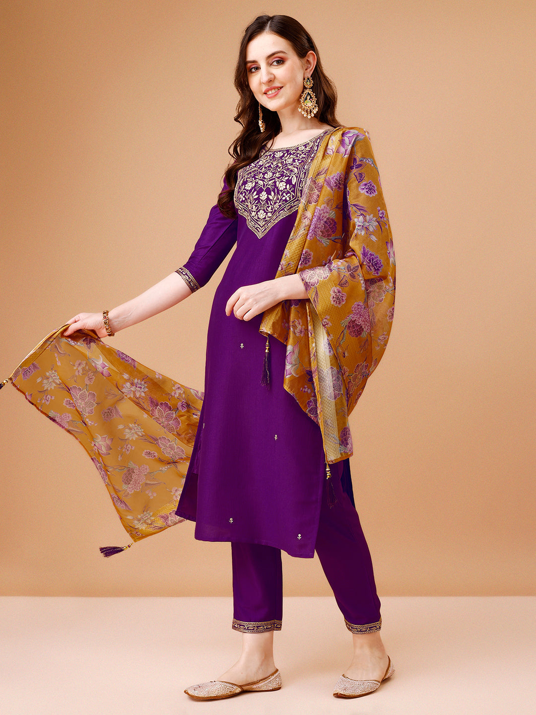 Embroidered Kurta With Pant & Printed Organza Dupatta Premium, Multicolor - Hiral Fashion